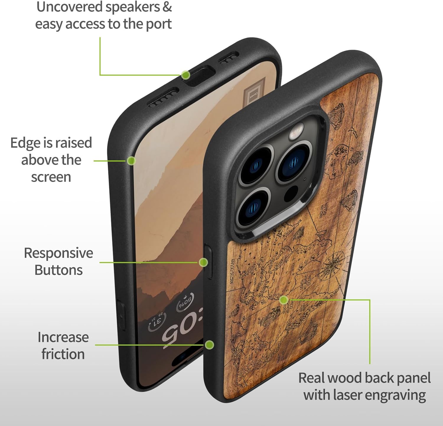 Carveit Magnetic Wooden Case for iPhone 15 Pro Case, Compatible with MagSafe Wireless Chargers, Black Soft TPU Shockproof Cover & Wood Artisan Engraved (World Map) - Walnut