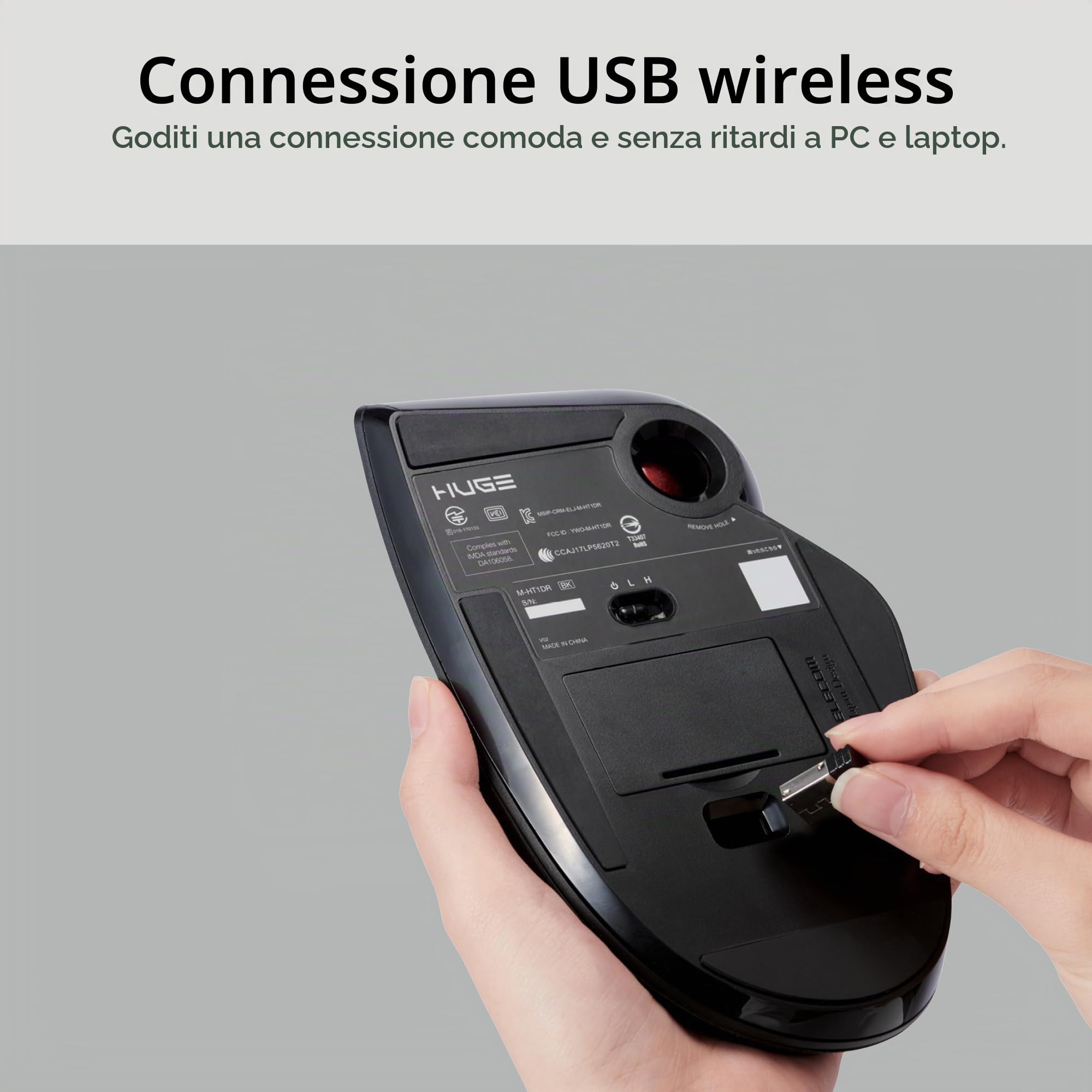 Elecom HUGE Trackball Mouse, 2,4 GHz wireless, controllo delle dita, funzione a 8 pulsanti, poggiapolsi attaccato, palla rossa liscia da 52 mm, Windows11, MacOS (M-HT1DRBK)