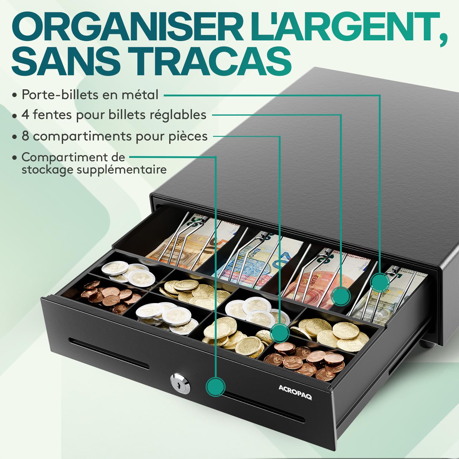 ACROPAQ Tiroir caisse métal 34 x 33 x 10 cm Compatible caisse enregistreuse RJ11 4 compartiments monnaie 8 billets