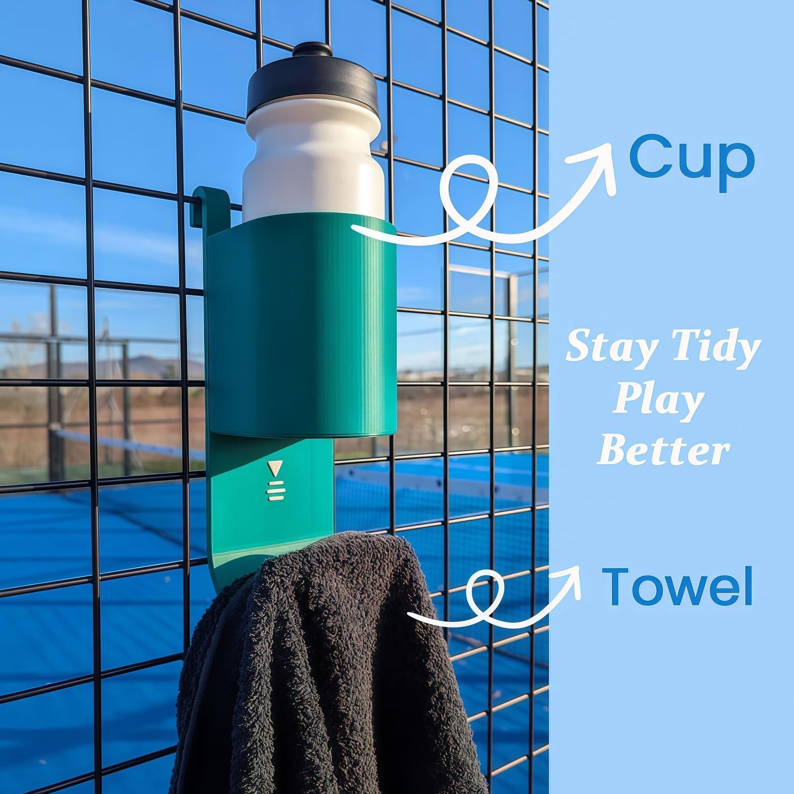 Portaborraccia e portasciugamani da tennis con paddle tennis, organizer laterale per tennisti, porta bottiglie, mantiene l'attrezzatura pulita e organizzata, accessorio essenziale per il supporto per