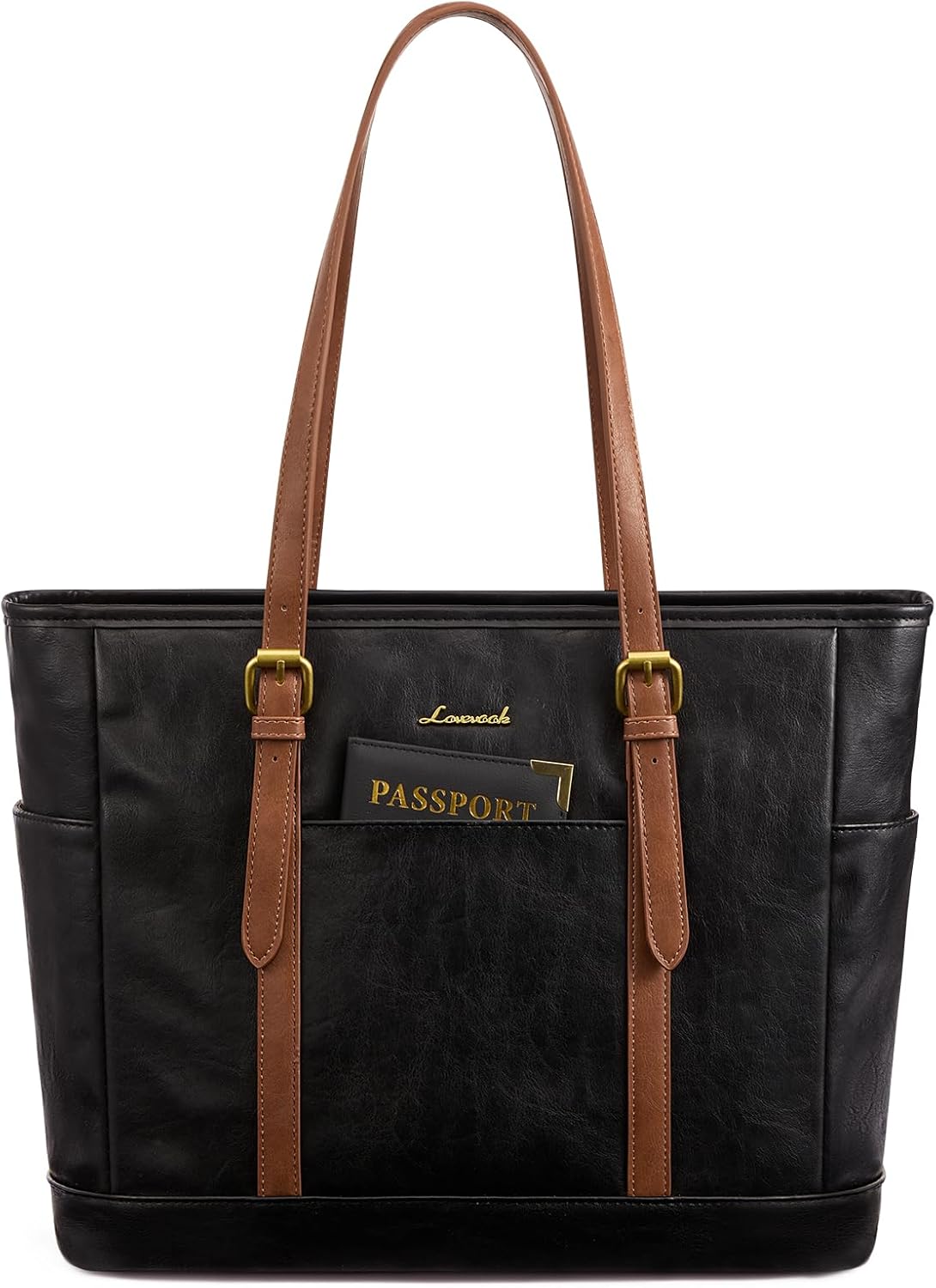 LOVEVOOK Laptop Tote Bag for Women,Vintage Leather Work Tote Bag for Women, 15.6 Inch Computer Briefcase Bag,Waterproof Teacher Business Office Black With Brown 15.6 inch