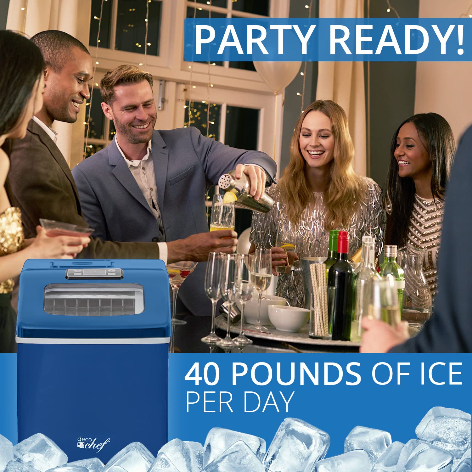 Deco Chef Countertop Ice Maker 40lb/24h, 24 Full Cubes Every 15 Minutes, Adjustable Size, Digital Control And Timer, Self-Cleaning, Ez Access Flip Lid, Scoop Included, Blue on Fridge.com - View 2