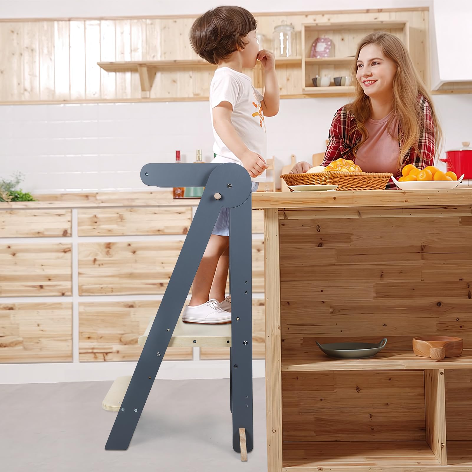 Montessori Lernturm faltbar, Kinder Küchenhelfer Hocker aus Massivholz, Tritthocker höhenverstellbar mit Kippschutz, Learning Tower für Kleinkinder, platzsparend, sicher, stabil (Beige)