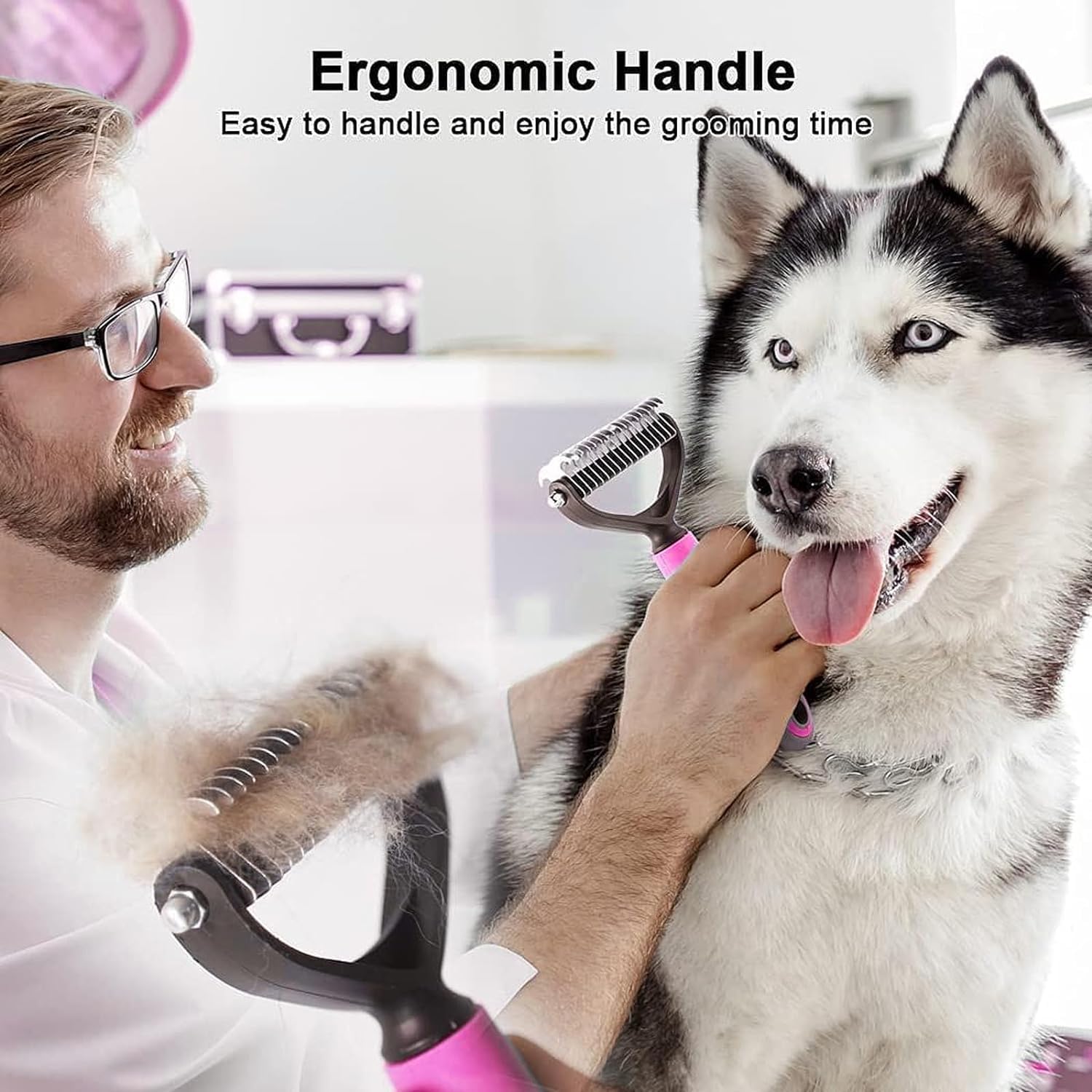 Spazzola per Cani Pelo Lungo, Spazzola Gatto Deshedding Brush Animali Acciaio Inossidabile Doppia Faccia Strumento di Deshedding Animali per Cane/Gatto Pelo Lungo, Medio e Corto (Pink)