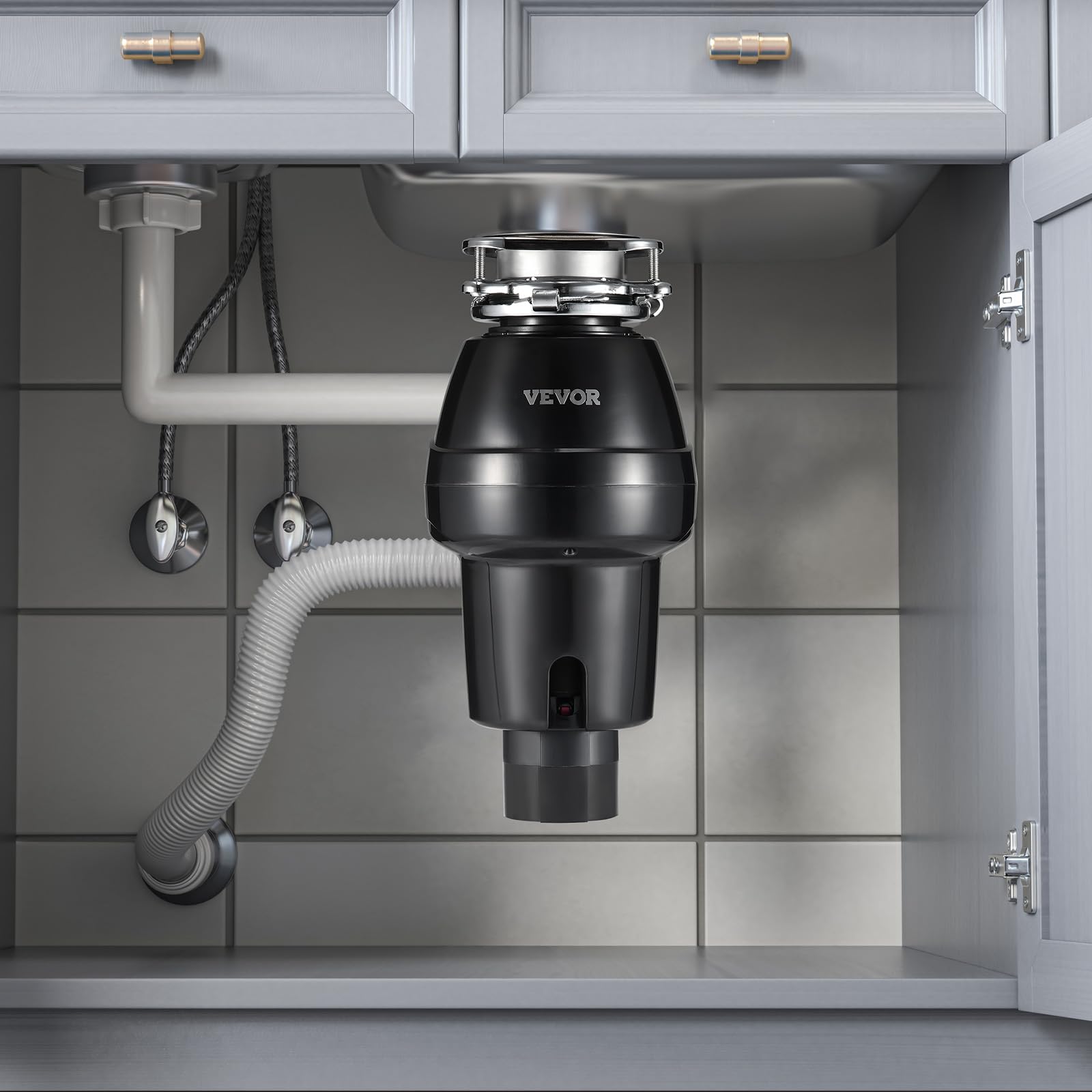 VEVOR Tritarifiuti per Lavello da Cucina, 0,559 kW, Sistema di Smaltimento Rifiuti Alimentari in Acciaio Inox, Montaggio 3 Bulloni, 3600 giri/min, con Cavo di Alimentazione, Paraspruzzi per la Casa