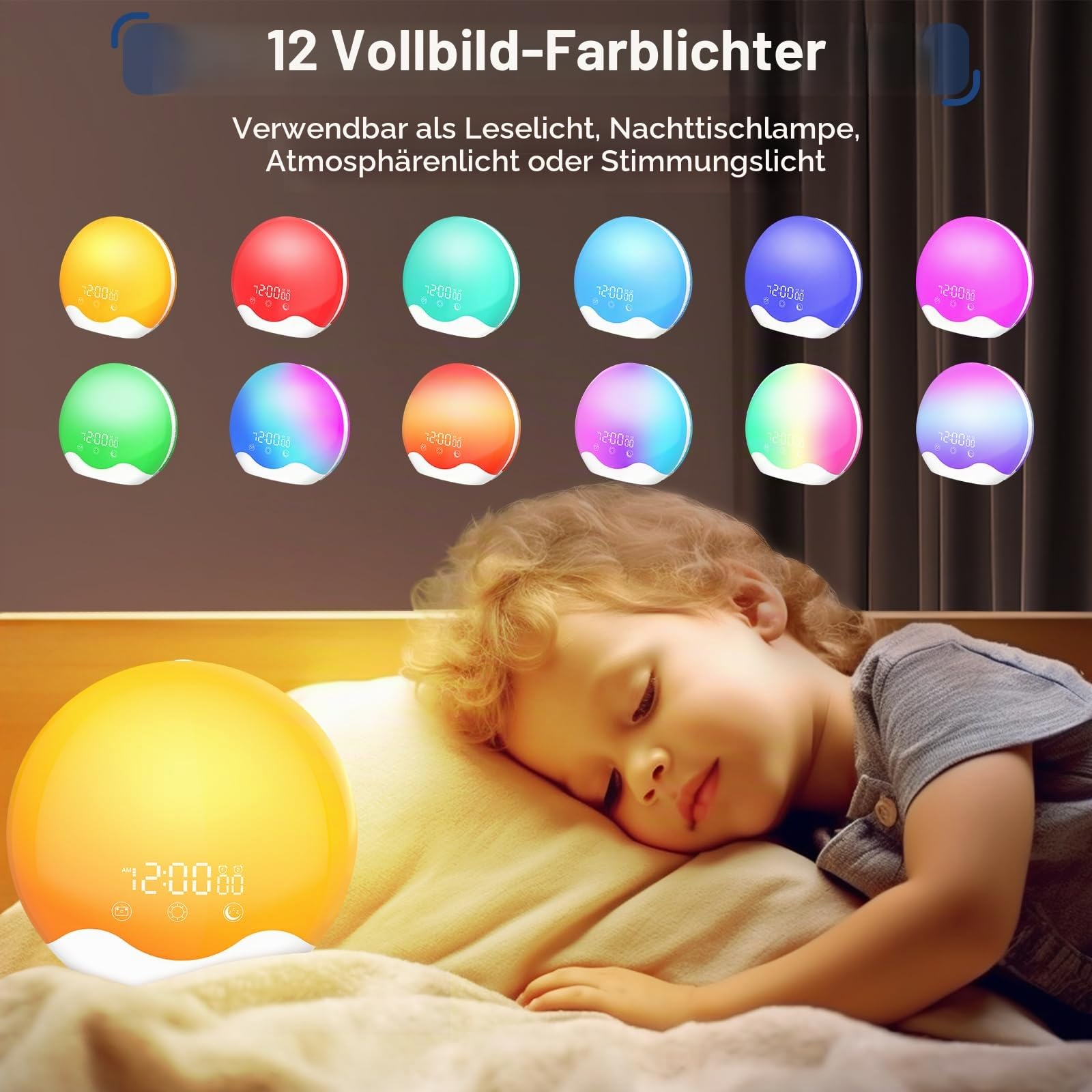 Lichtwecker,Tageslichtwecker Doppelalarme,Sunrise Licht Wecker mit Sonnenaufgang Sonnenuntergang Simulation,Wake Up Light Wecker Licht mit 5 Alarmton FM Snooze,Nachttischlampe für Kinder