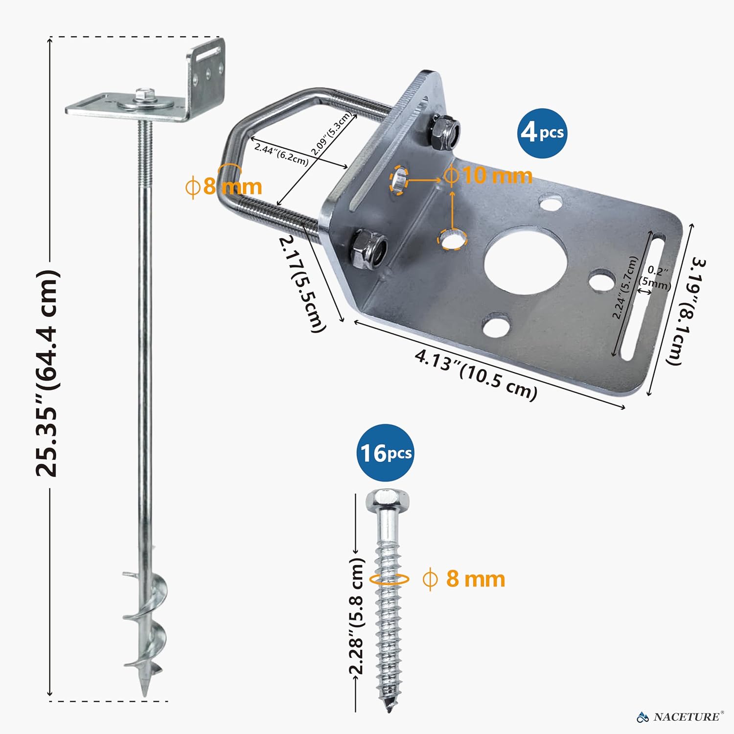 NACETURE 24-Inch Ground Anchors Screw in, Heavy Duty Trampoline Anchor Kit with L Brackets, 4 Pack Screw In Ground Anchors with Manual & Power Wrench, Tie-Down Straps for Trampoline