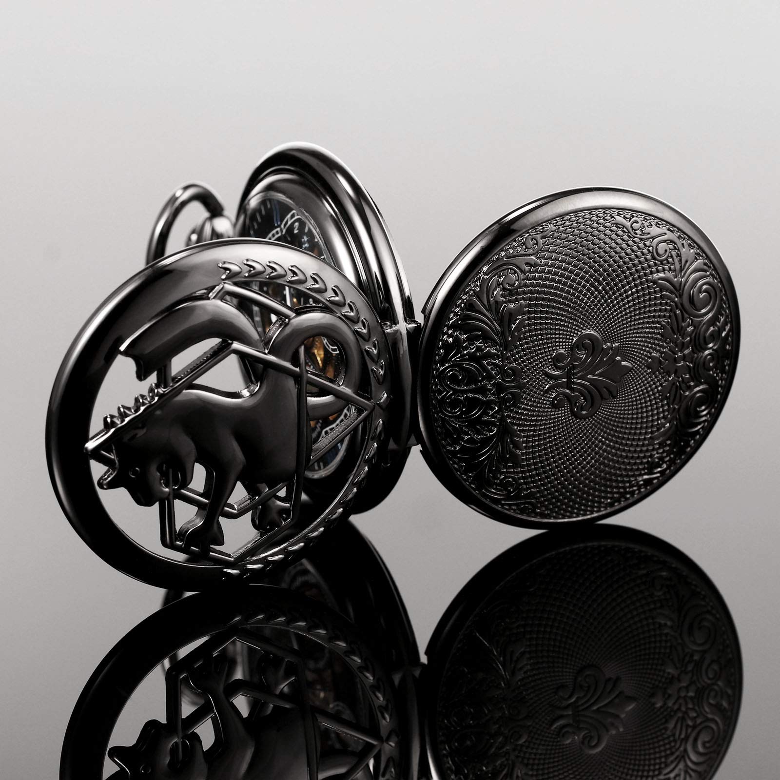 TREEWETO Montre de Poche Unisexe Mécanique à Double Couverture Complète en Métal Alchimiste Squelette Steampunk pour Hommes Femmes avec Chaîne