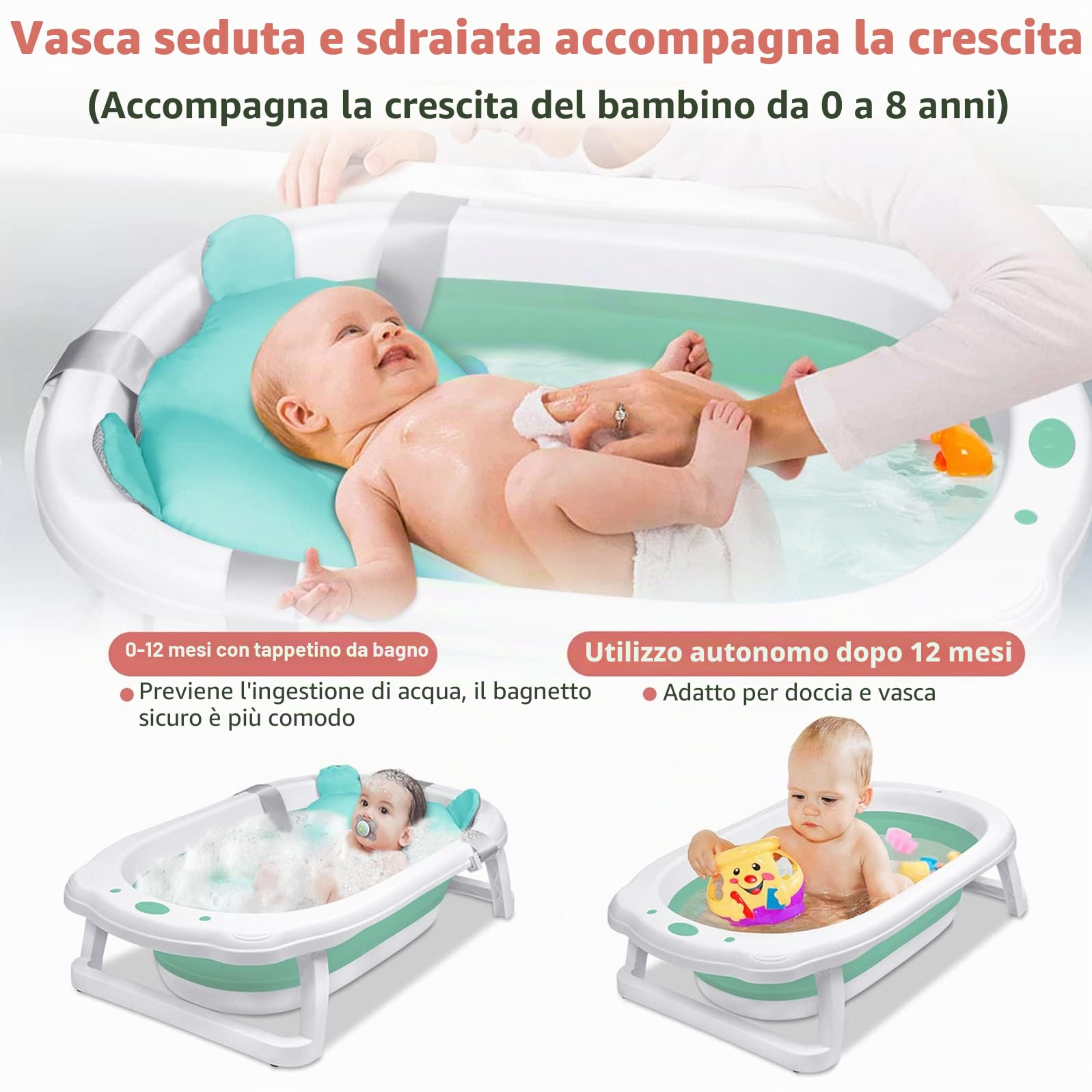 Vasca da bagno pieghevole per bambini e neonati, con tappetino antiscivolo e rete di sicurezza, salvaspazio (verde)