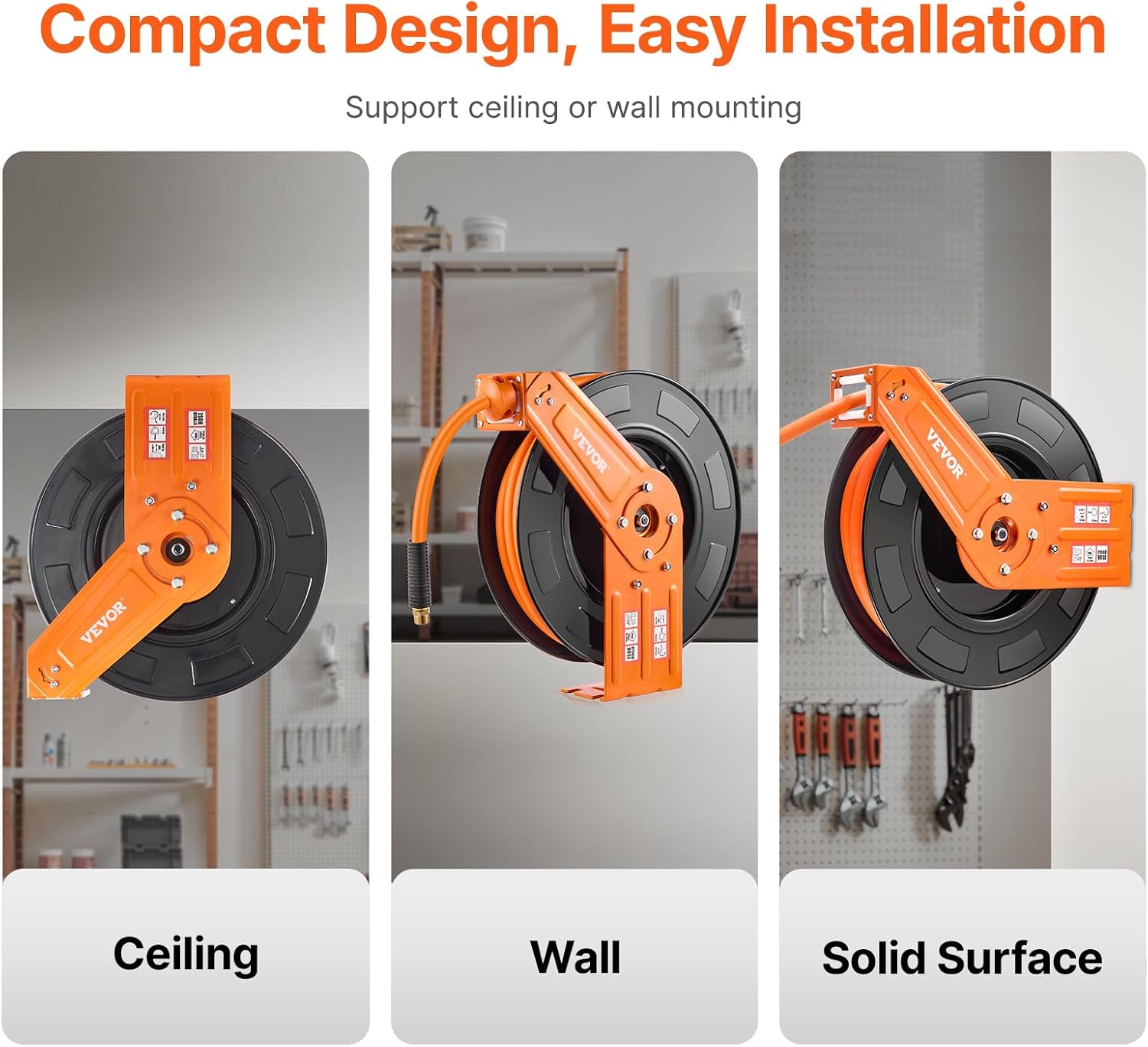 VEVOR Retractable Air Hose Reel, 1/2 IN x 50 FT Hybrid Air Hose Max 300PSI, Air Compressor Hose Reel Auto-Rewind with 5FT Lead in, Ceiling/Wall Mount Heavy Duty Single Arm Steel Reel, 1/2" NPT Fitting