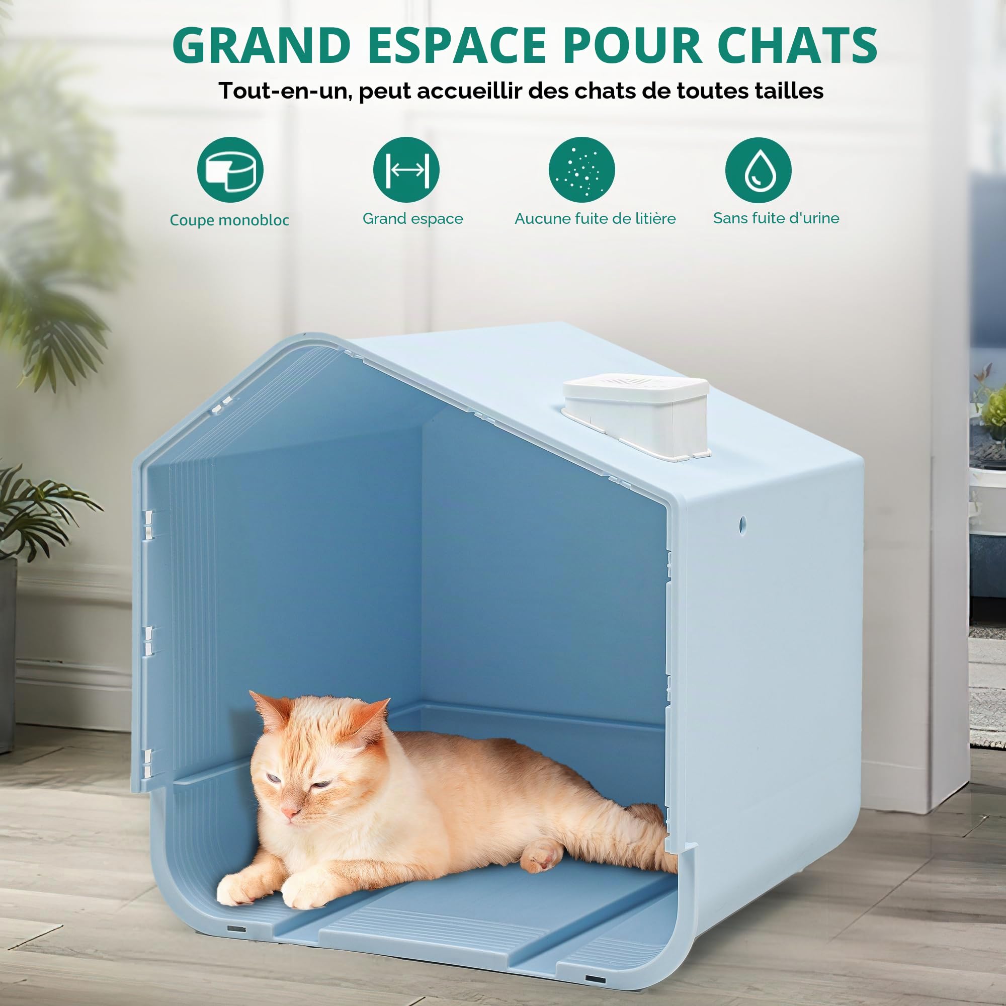 YITAHOME Bac à litière pour chat avec couvercle, pelle, nettoyage facile, côtés hauts (bleu)