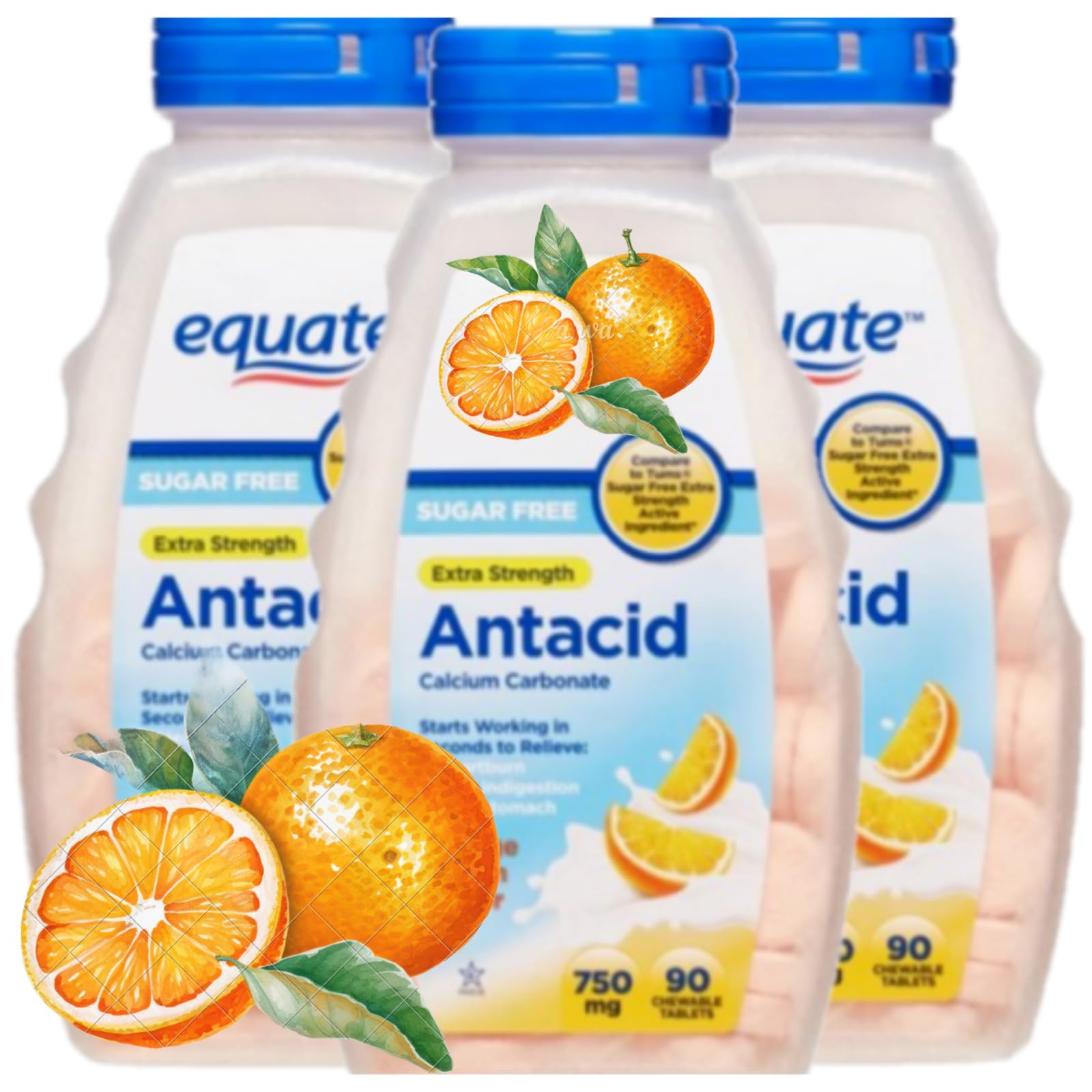 Antacid Tablets Sugar Free Extra Strength, Orange Creme, Calcium Carbonate 750 mg, 90 Count Each (Pack of 3)