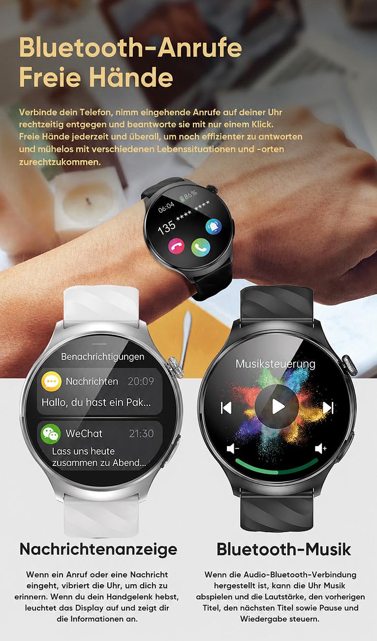 Newgen Medicals Smartwatch: Vitaluhr mit Bluetooth, EKG-Anzeige, Telefonfunktion, App, AMOLED,IP67 (Smartwatch Fitnessuhr, Damen Telefonfunktion)