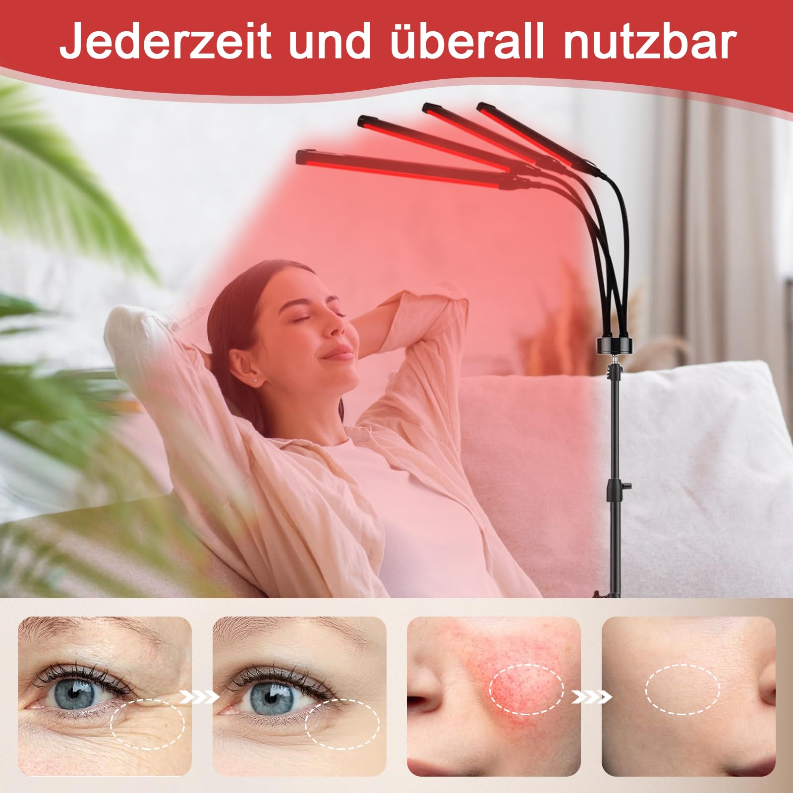 Rotlichtlampe mit Ständer, 660nm & 850nm & 940nm Infrarotlampe, 180LEDs Rotlicht mit Fernbedienung, 4 Köpfe Lichtlampe, Red Light für Männer und Frauen Geburtstagsgeschenke
