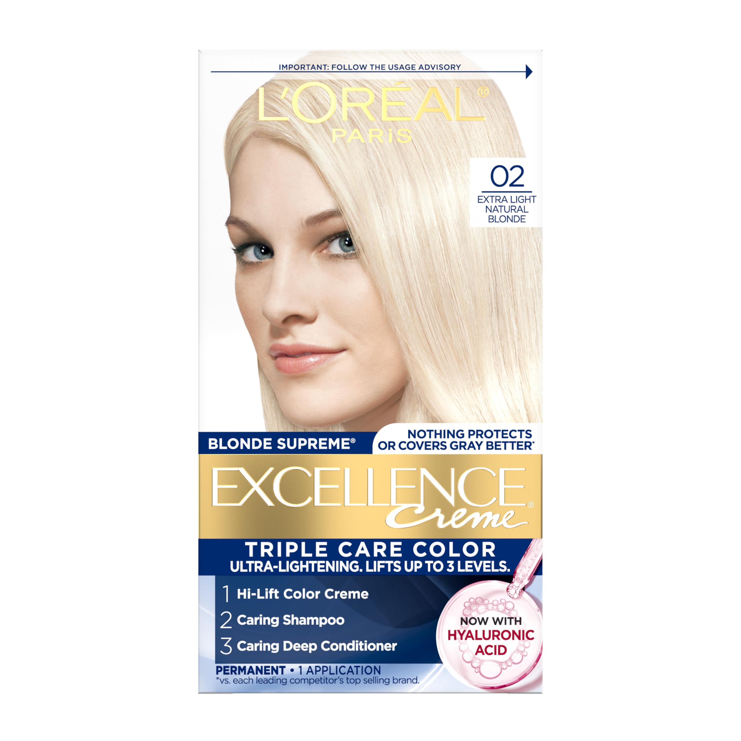 L'Oreal Paris Excellence Creme Permanent Triple Care Hair Color, 02 Extra Light Natural Blonde, Gray Coverage For Up to 8 Weeks, All Hair Types, Pack of 1