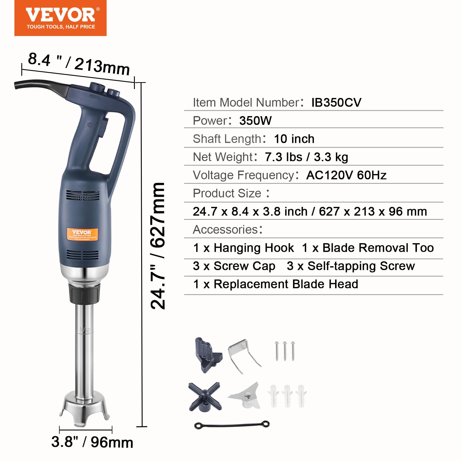 VEVOR kommerzieller Stabmixer Handmixer 350 W, 254 mm stufenloser Stabmixer mit variabler Drehzahlen und Edelstahlklinge, tragbarer Mehrzweckmixer für Suppen, Saucen, Kartoffelpüree, Sahne