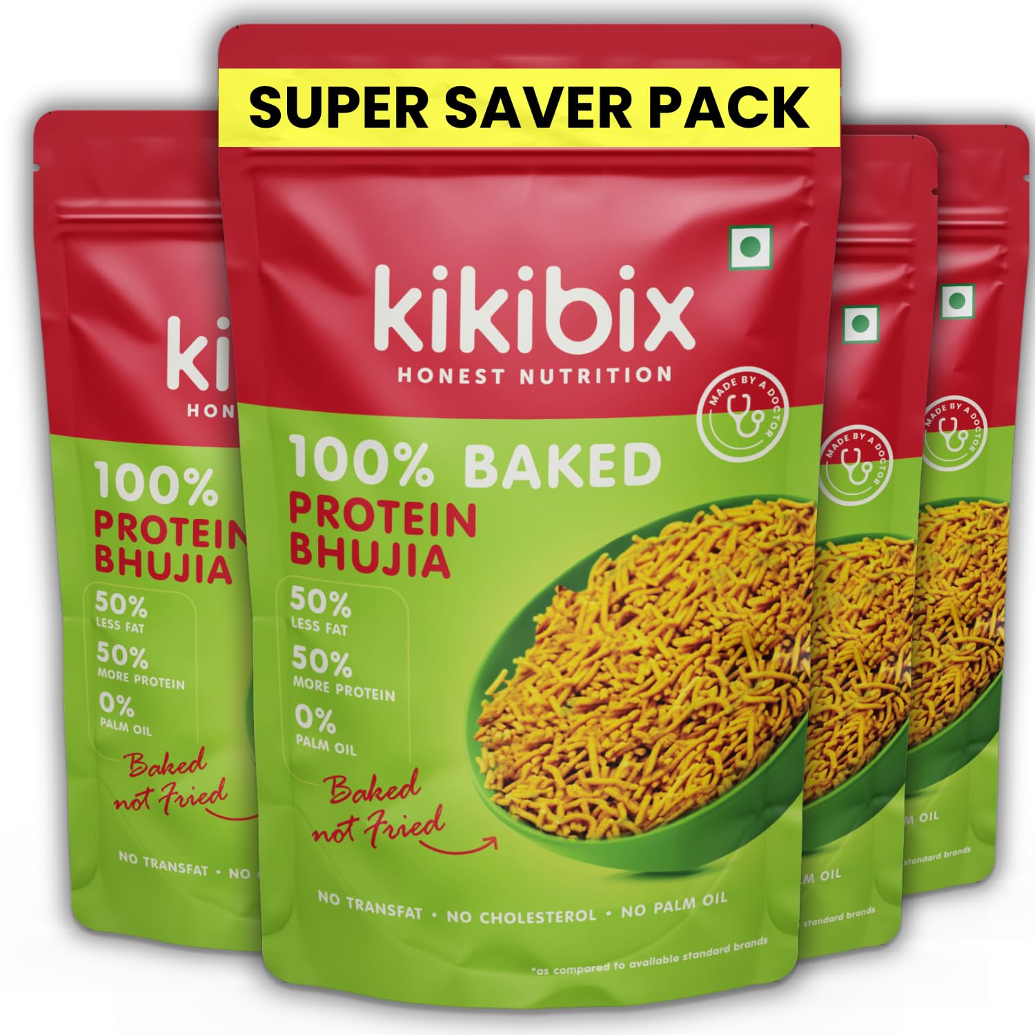 Kikibix 100% Baked Multigrain Bhujia Namkeen, Healthy Snacks for adults & kids, Low Fat, Low Calories, High Protein Bhujiya Diet Mixture for diabetics- No Palm Oil, Baked Not Fried - Pack of 4