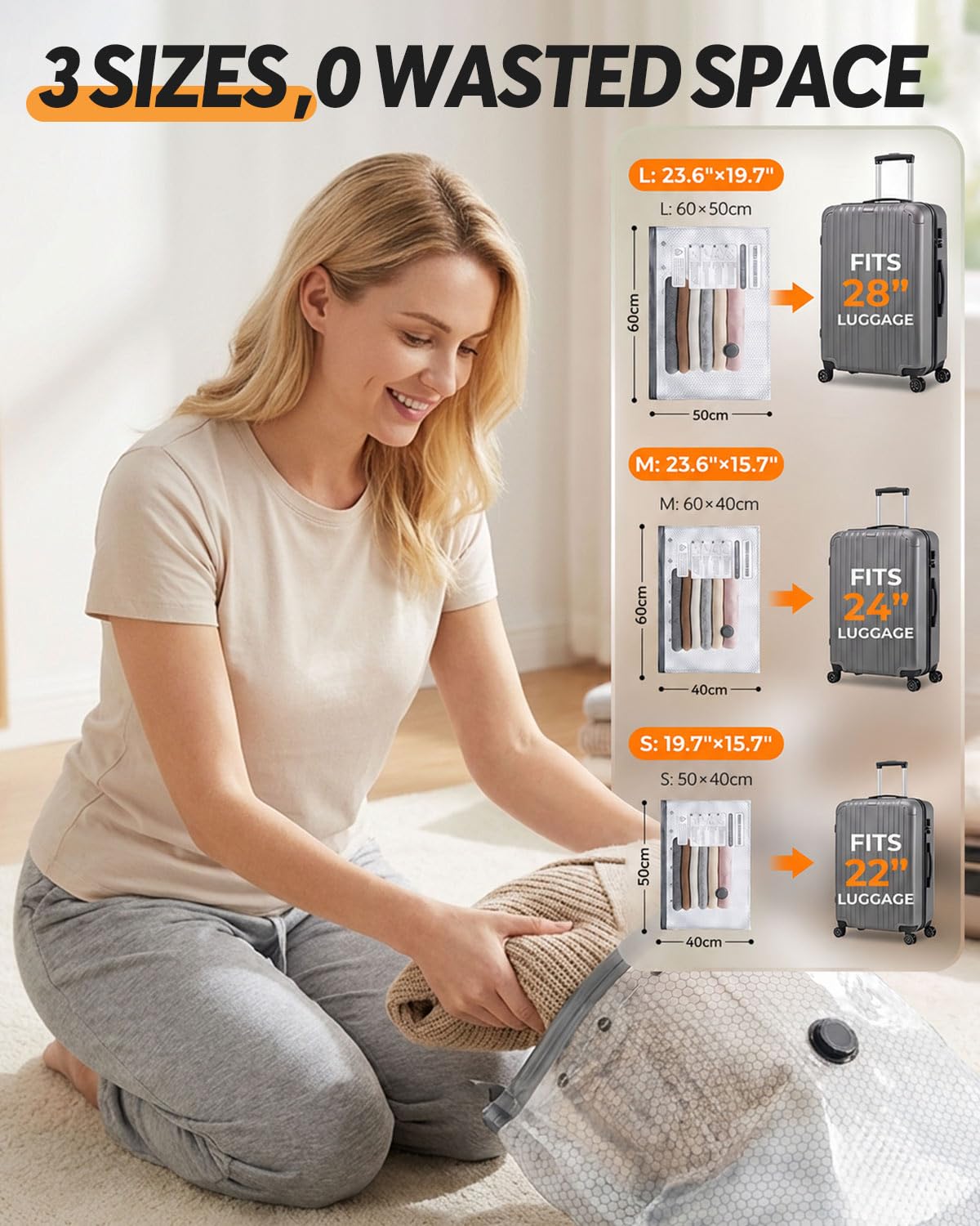 Bolsas de almacenamiento al vacío para viajes con bomba eléctrica inalámbrica, paquete de 15 bolsas de vacío de viaje de 3 tamaños con bomba recargable, cubos de embalaje al vacío portátiles de