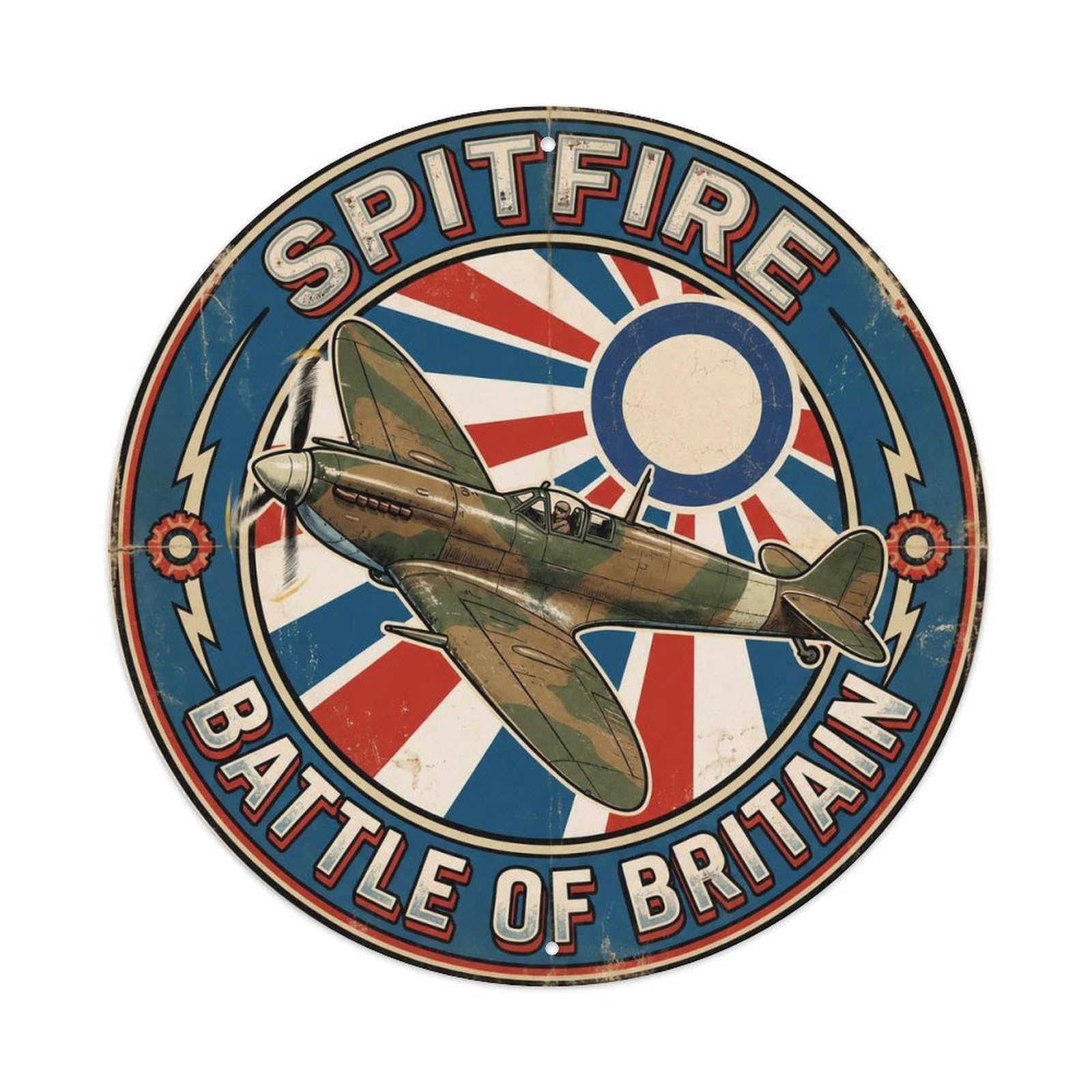 British WWII Military Spitfire Fighter Aircraft Climb Metal Tin Sign Plaque Wall Decor for Cafe, Man Cave, Club Bar, Office, Home Garden Round Metal Poster 8x8Inch