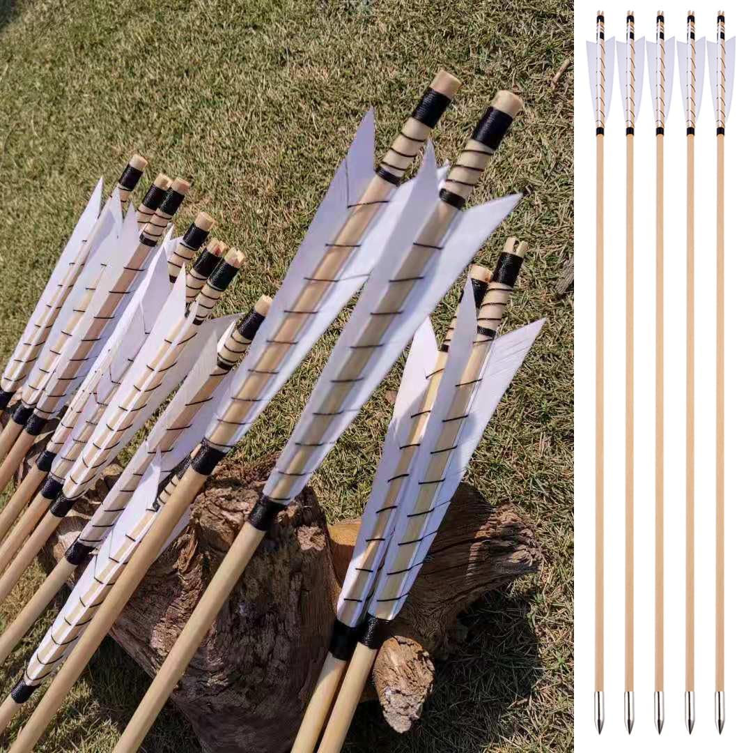 POEARCUS 12pcs Handmade 32" Wooden Arrows with 5" Turkey Feather Fletching for Recurve Bow Longbow Hunting Practice