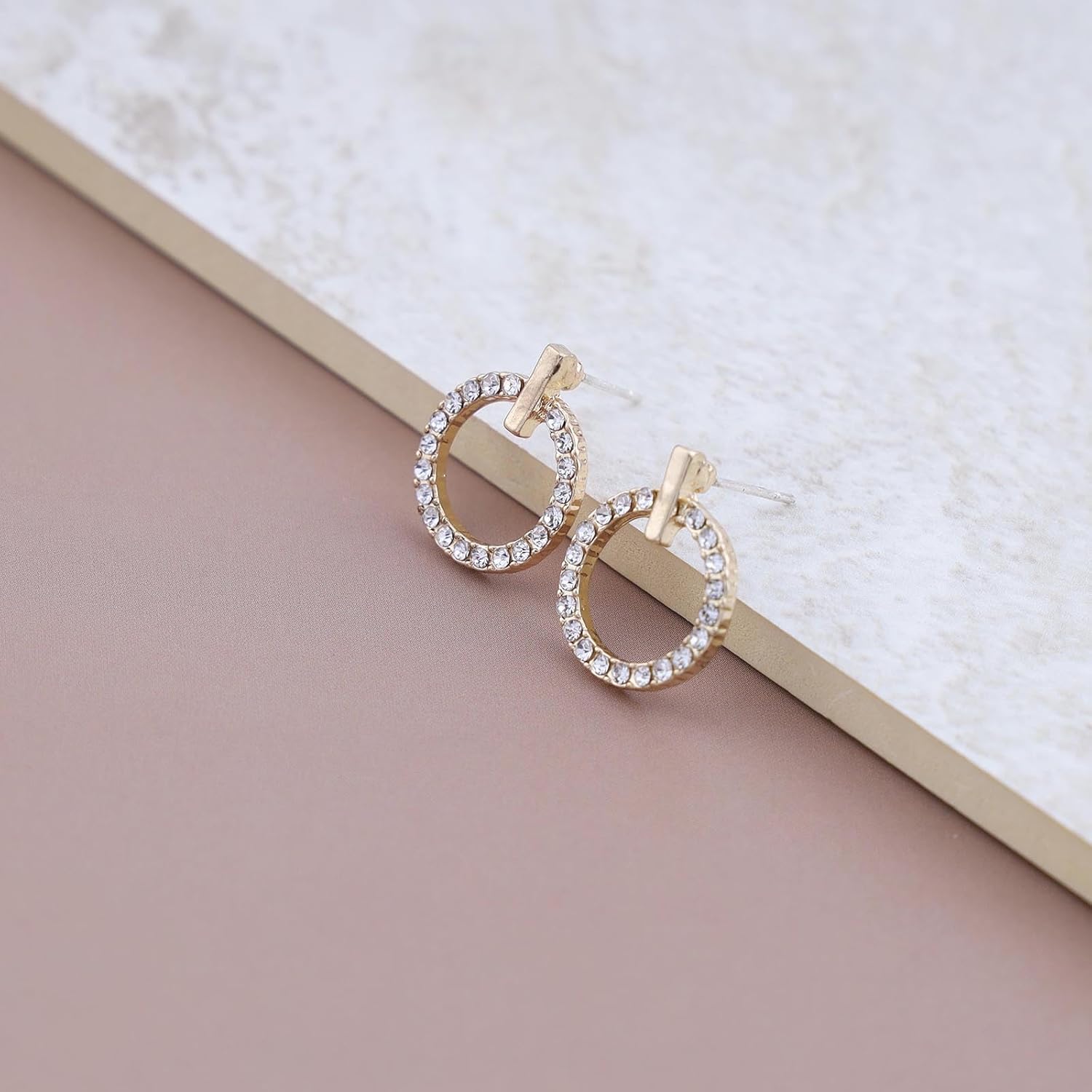 Boho CZ Circle Earrings Open Circle Stud Earrings Gold Tiny CZ Circle Earrings Rhinestone Round Earrings Geometric Bar Stud Earrings Jewelry for Women - Image 3