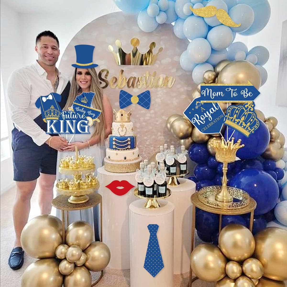 Royal Prince Photo Booth Props - 24 Pieces Baby Shower or Birthday Party Photo Props Kit Navy Blue Gold Glitter Gender Reveal Party Selfie Props