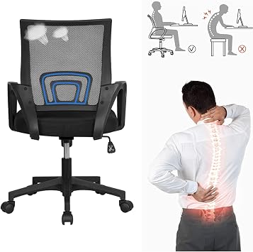 Home Office Chair Ergonomic Desk Chair, Mesh Computer Chair with Lumbar Support& Armrest, Adjustable Home Mid Back Task Chair Modern Executive Rolling Swivel for Adult, Black