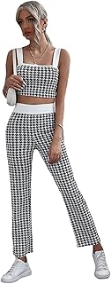Women's Two Piece Outfit Houndstooth Plaid Crop Tank Top and Pants Set