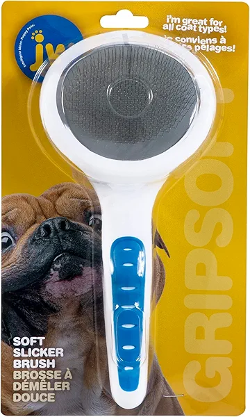 JW Pet Gripsoft Dog Soft Pin Slicker Brush with Non-Slip Rubber Grip (Angled Stainless Steel Tines), Dog Grooming Brush, Assorted Colors, Large, 10"