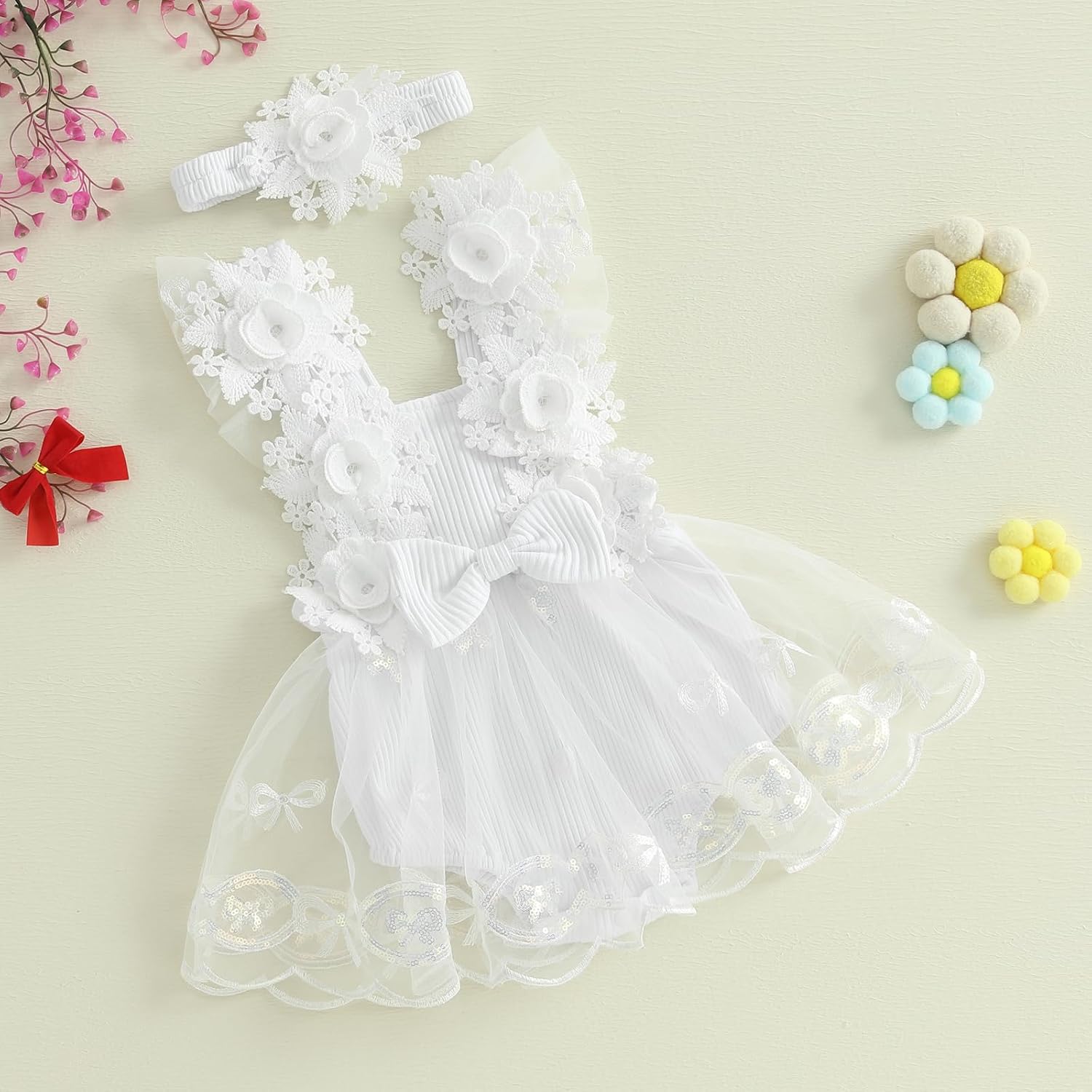 Infant Baby Girl Romper Dress Sleeveless Bow Flower Lace Tulle Dress Bodysuit Headband Newborn Summer Outfits - Image 3
