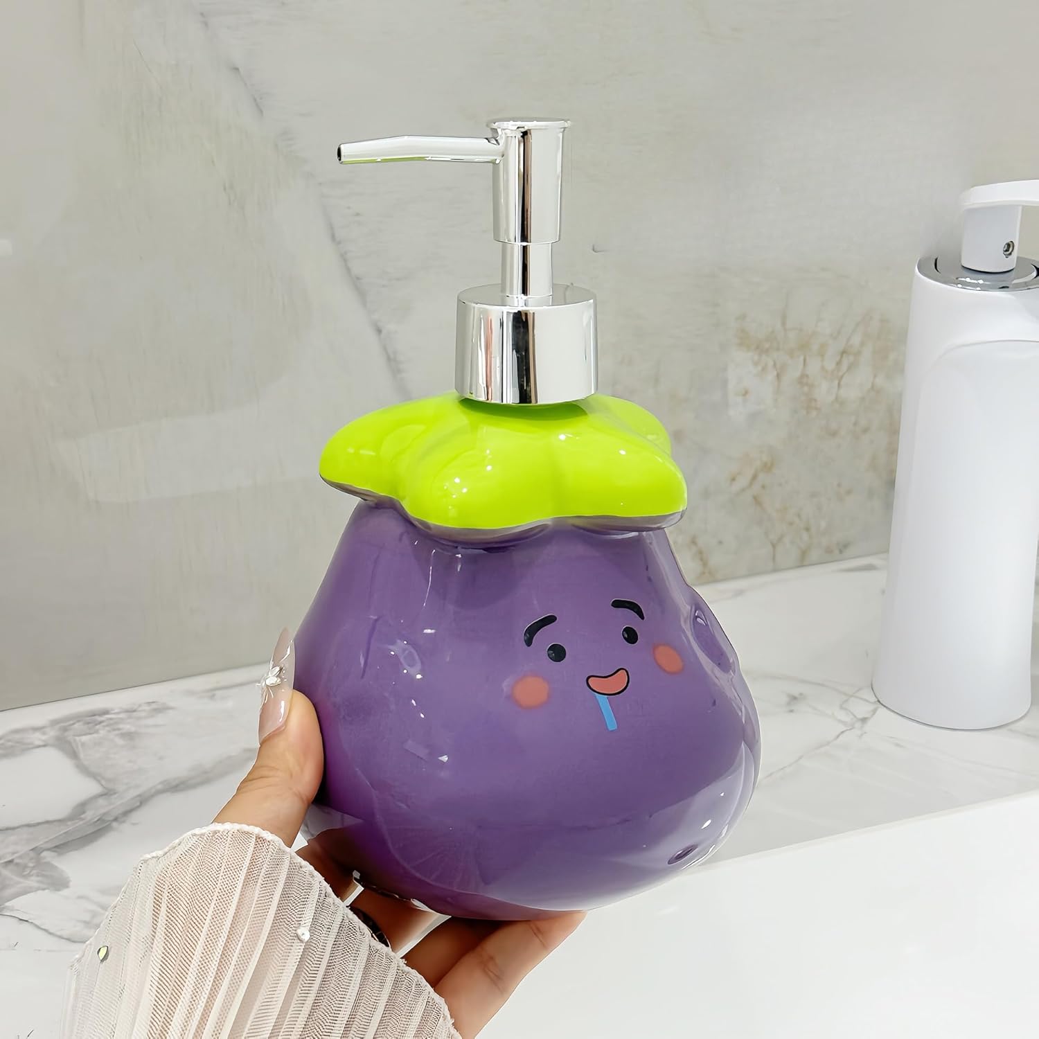 Cute Eggplant Ceramic Soap Dispenser Set, Purple and Green, 2-Piece Bathroom Accessory Set