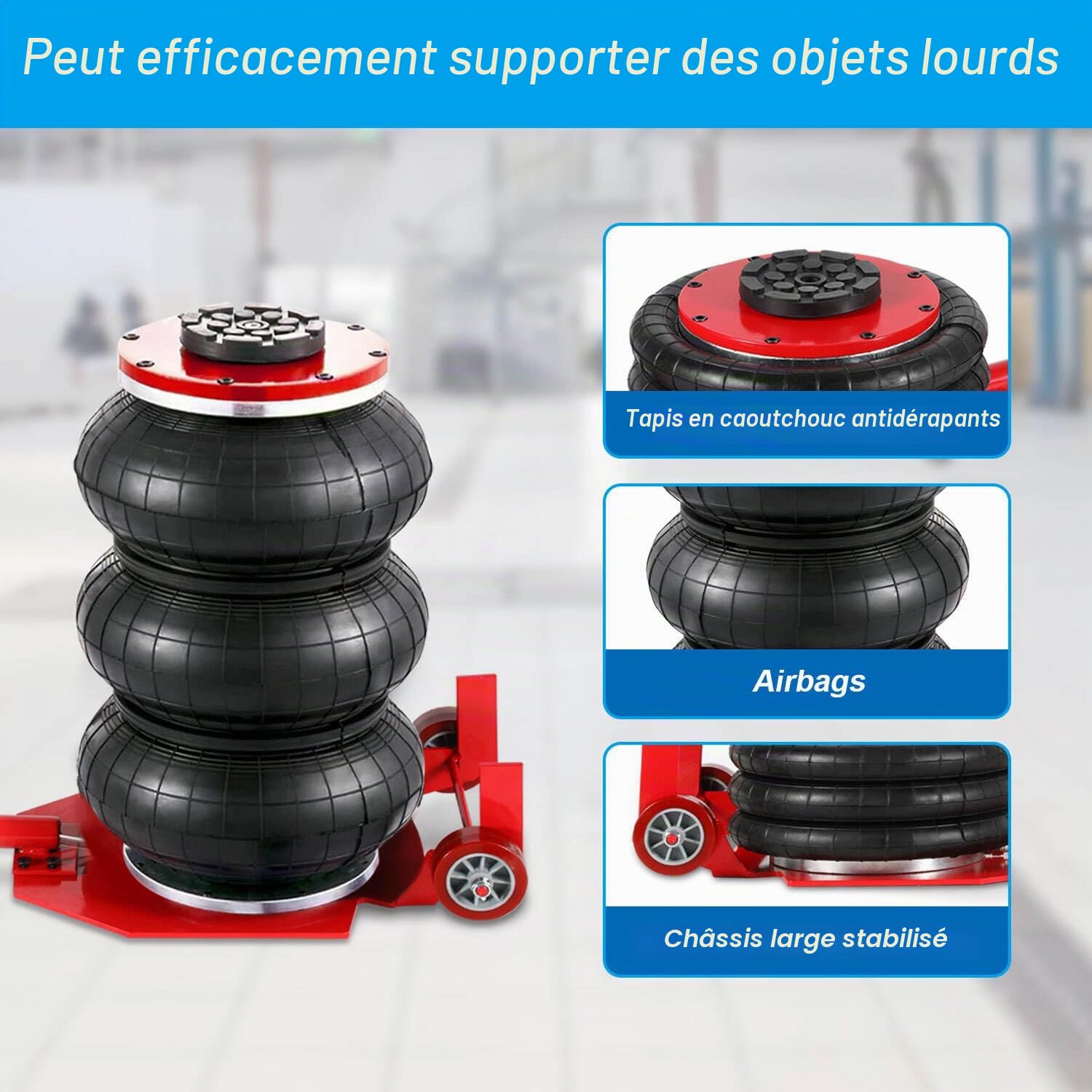 Cric pneumatique 3T, course de 40 cm en 5 secondes, triple sac à air robuste (150-400 mm) avec valve de sécurité, vérin d'air 3T pour SUV, camion et atelier