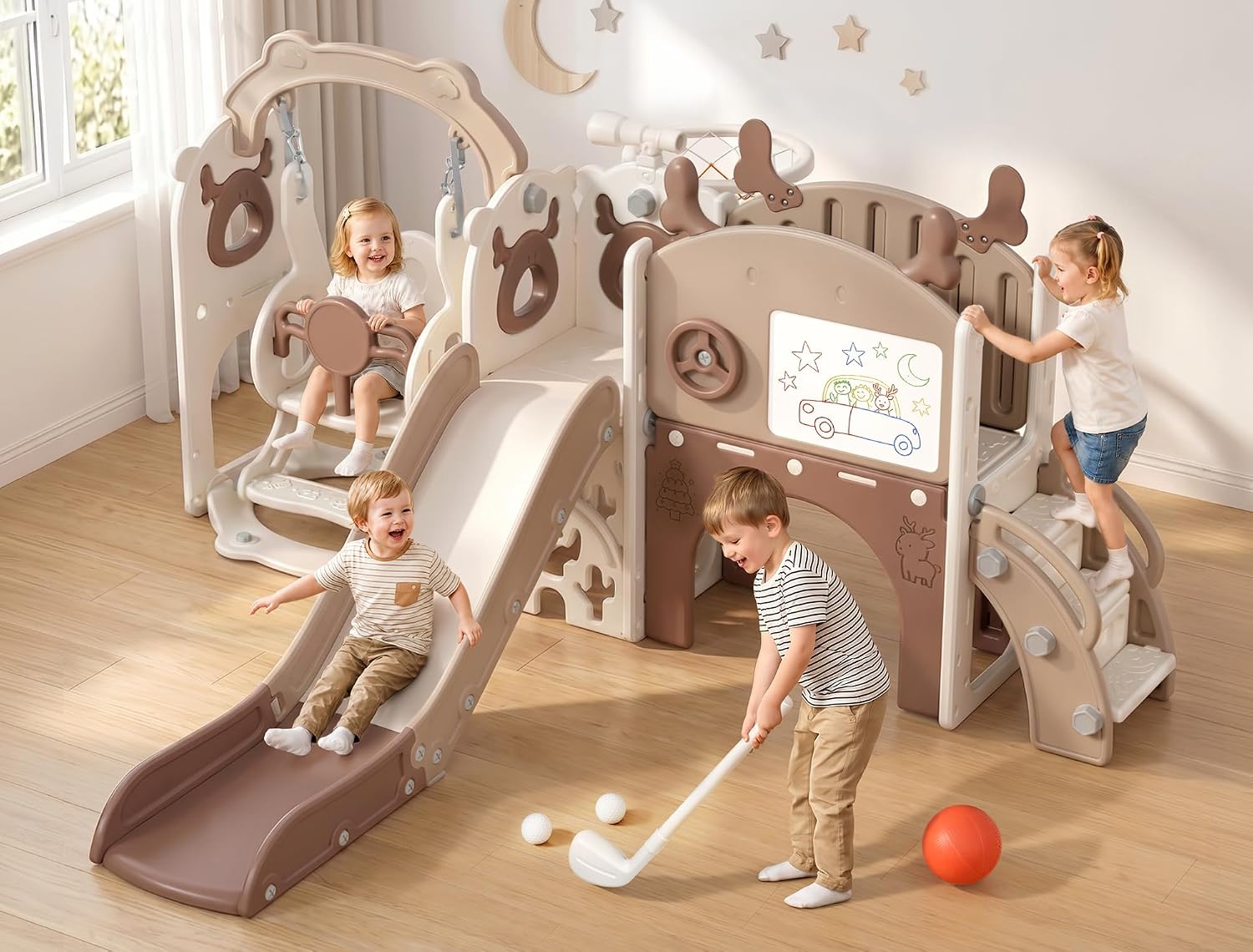 Mloong 12 in 1 Toddler Slide and Swing Set, Kids Slide for Toddlers 1-3 Years Old Baby, Indoor Outdoor with Basketball Hoop Drawing Golf for Kids Easy Assembly(Beige & Rosy Brown)(82×67×41in)