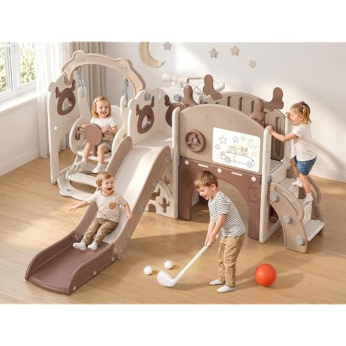 Mloong 12 in 1 Toddler Slide and Swing Set, Kids Slide for Toddlers 1-3 Years Old Baby, Indoor Outdoor with Basketball Hoop Drawing Golf for Kids Easy Assembly(Beige & Rosy Brown)(82×67×41in)