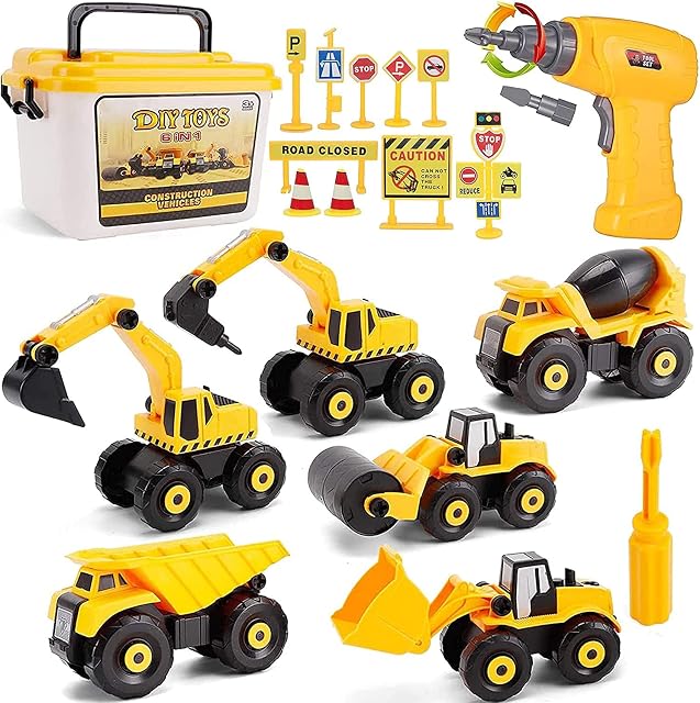 STAY GENT Take Apart Construction Vehicles Toys with Electric Drill, Building Excavator Toy STEM Trucks for Kids with Storage Box, Digger DIY Educational Learning Gifts for Ages 3 4 5 6 7 Boys Girls