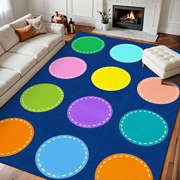 10x14 Area Rugs for Classroom Boho Washable Rug for Playroom Colorful Circle Blue Classroom Seating Playmat Nursery Carpet for Kids Soft Rubber Backed Non-Slip Carpets for School Learning Room