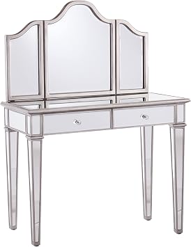 SEI Furniture - Kalla Mirrored Vanity Set with Storage - 2 Piece - Silver - Transitional Design - Ideal for Bathroom, Master Suite HZ7581