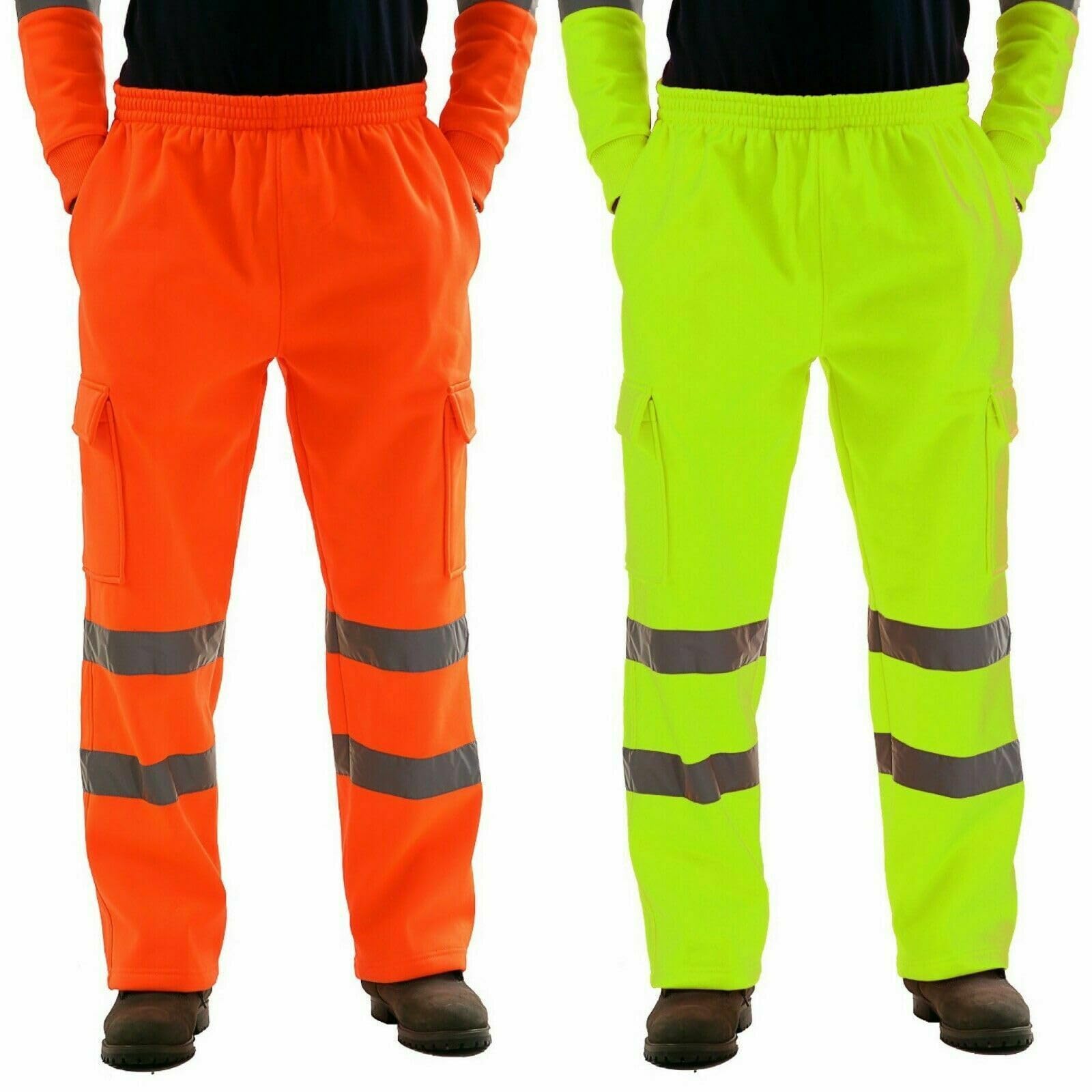 Mens High Visibility Work Cargo Pants Drawstring Casual Pockets Safe Reflective Construction Elastic Waist Trousers