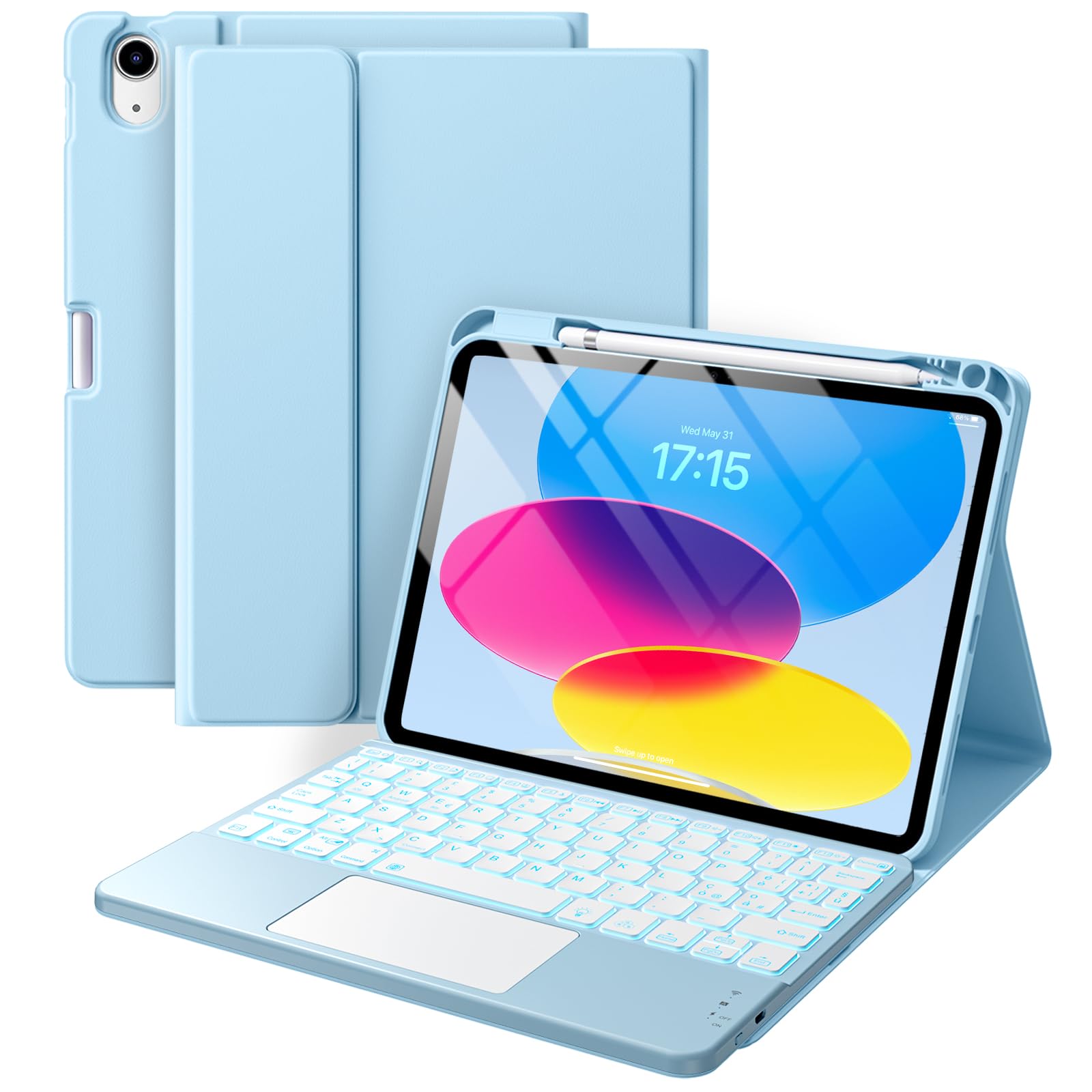 Vobafe Tastiera iPad 10 Generazione 10.9 Pollici 2022, Cover con Tastiera Rimovibile iPad A16 11 Gen 2025 con Trackpad, Italiano QWERTY con 7 Colori Illuminato, Custodia con Portapenna,Blu chiaro