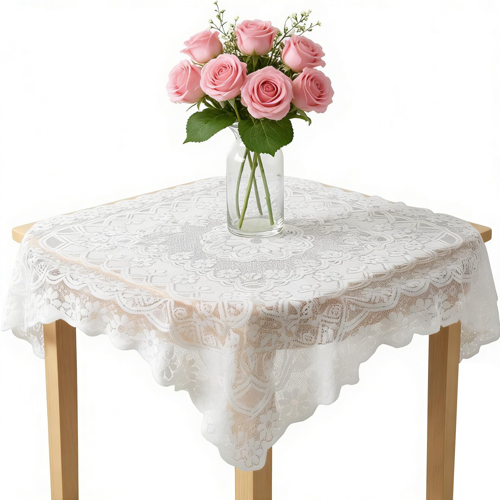 Cateye Lace Tablecloth, Lace Square Tablecloth Vintage Crochet Style, Small Square Table Cloth Coffee Table Cover For Dining Kitchen Bedside Table Home Wedding Party Decor, 90x90cm White Lace