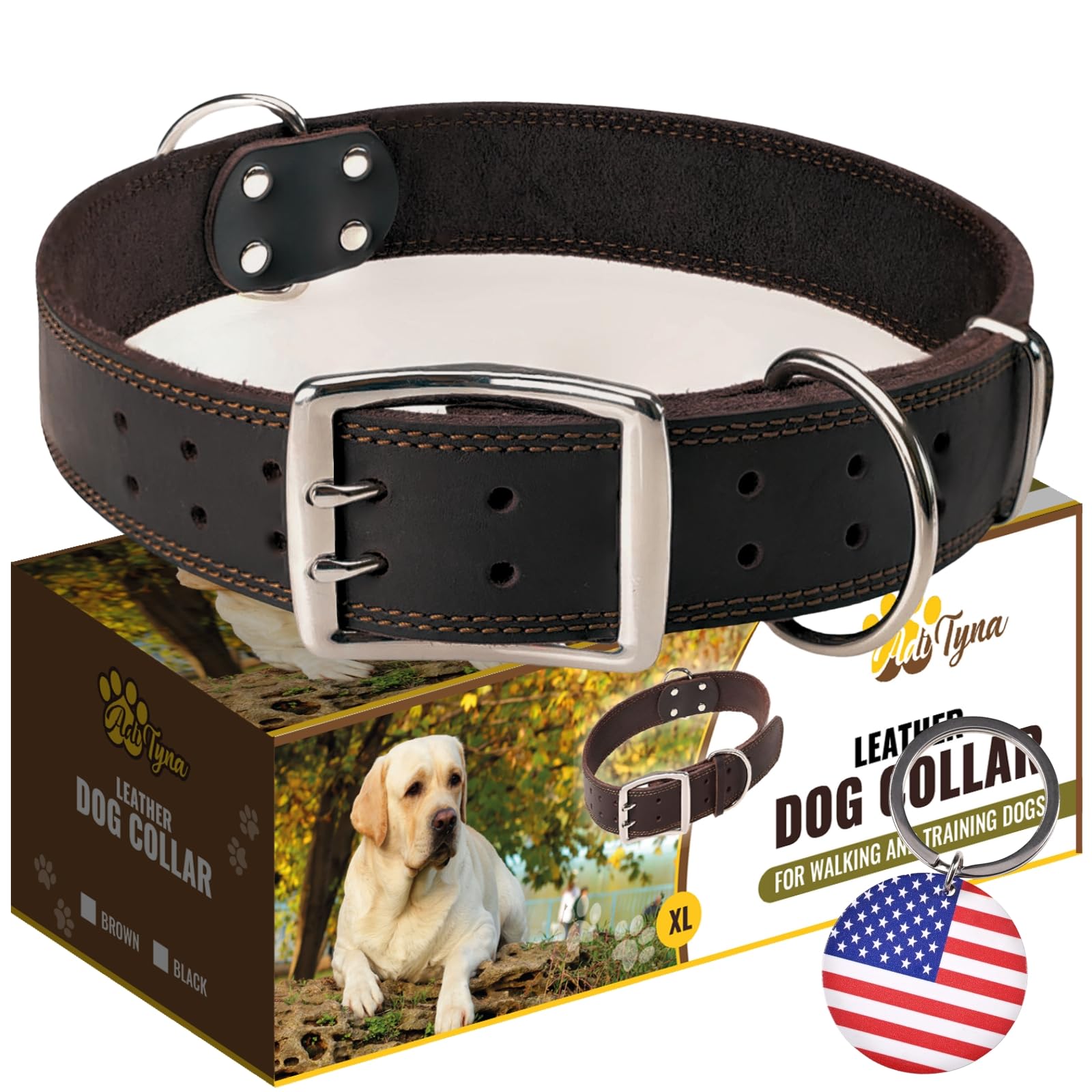 ADITYNA Großes Leder-Hundehalsband – XXL-Hundehalsband für riesige Rassen wie Mastiff, Bernhardiner, Neufundländer, Kangal (schwarz, riesig: passend für Halsumfang von 76,2 - 91,4 cm)
