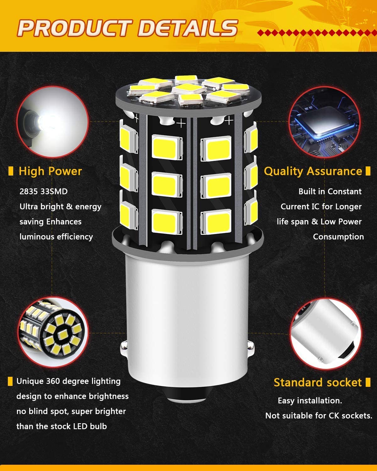 Defvnsy P21W 1156 BA15S Lampadina LED, Estremamente Luminoso Bianco 12V-24V Senza Polarità 1141 1003 7506 Lampadine Auto, 33SMD 2835 Lampadina Per Luci Di Backup, Luci Di Stop, Luci Di Guida