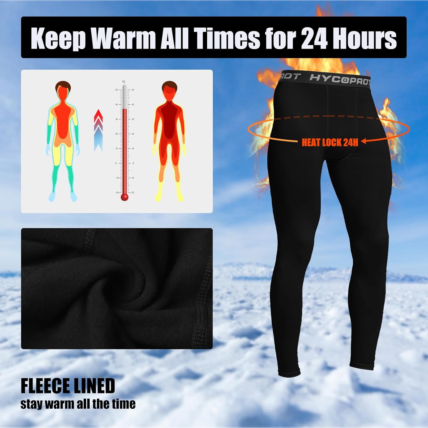 HYCOPROT Men's Thermal Compression Pants, Fleece Lined Athletic Tight Cold Weather Sports Leggings Winter Base Layer Bottoms - Image 5