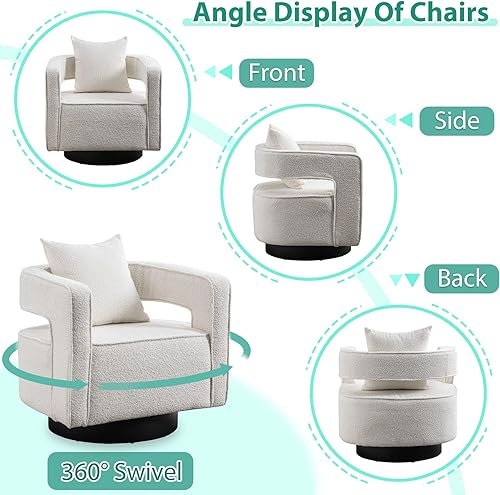 Miniatura 6 de ODUWA Silla giratoria de barril de 26 pulgadas de ancho, moderna silla redonda con brazo Boucle con base negra, tapizada, cómoda, giratoria de 360