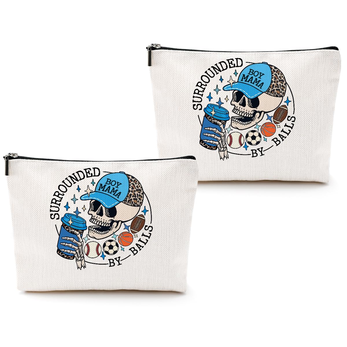 CQM 2pcs Boy Mother Mom Gifts Funny Makeup Bag Baseball Soccer Football Basketball Sports Gifts Skeleton Cosmetic Bag Sports Mama Zipper Pouch Gifts