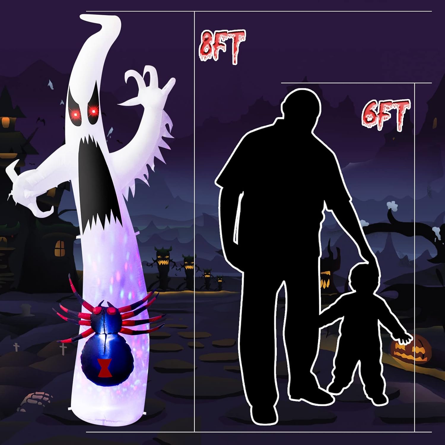 Condition photo showing New/Like New for 8ft halloween inflatable white ghost with 3d spider, scary spooky blow up decor, built-in colorful led light with blinking red eyes, halloween giant inflatable decoration for yard, lawn, garden, party