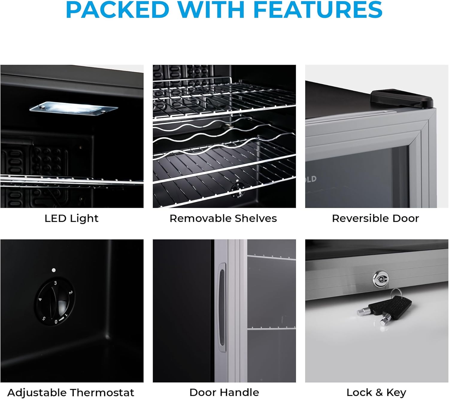 Collage of Subcold Super85 features including LED light, removable shelves, reversible door, adjustable thermostat, door handle, and lock & key.