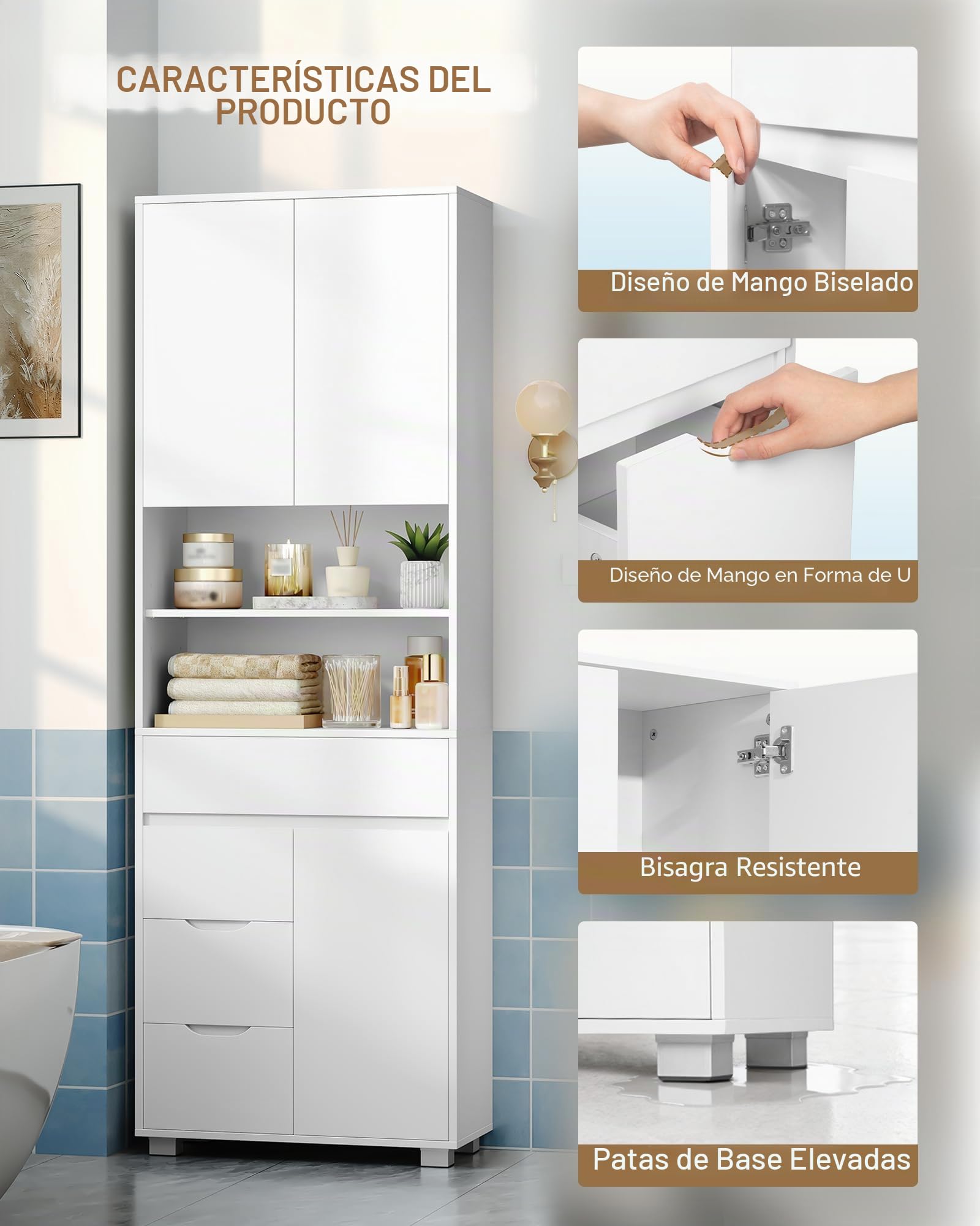 Hzuaneri Armario Alto Baño, Columna Baño, 30 x 60 x 190 cm, Blanco | 4 Cajones y 3 Puertas, Estantes Ajustables, Moderno, Para Cocina y Salón, SC15503X
