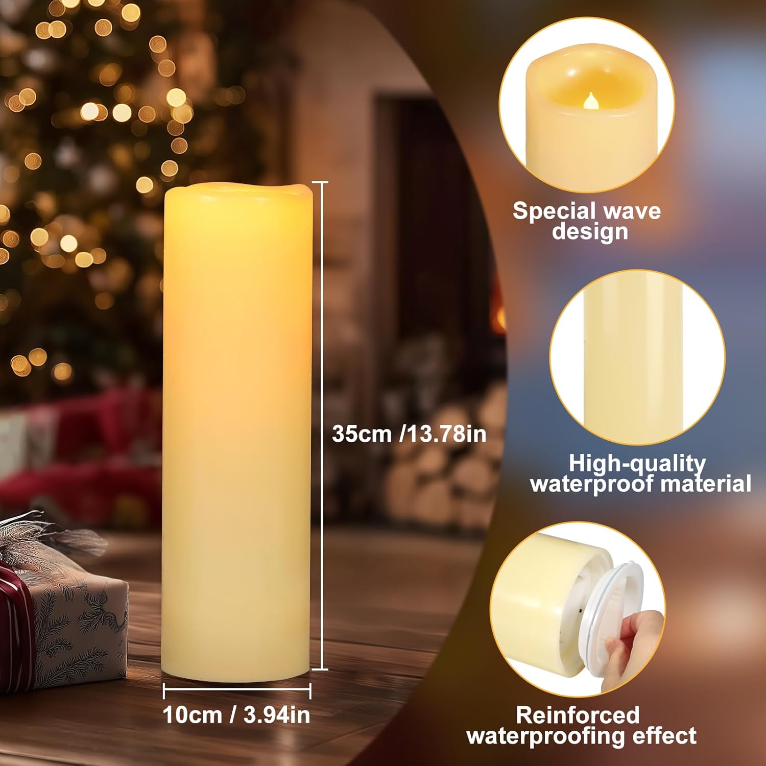 14" x 4" Large Outdoor Candles Waterproof Flickering LED Flameless Candles Battery Operated with Timer - Realistic LED Pillar Candles with Remote for Wedding Festival Home Decor Ivory 2 Pack