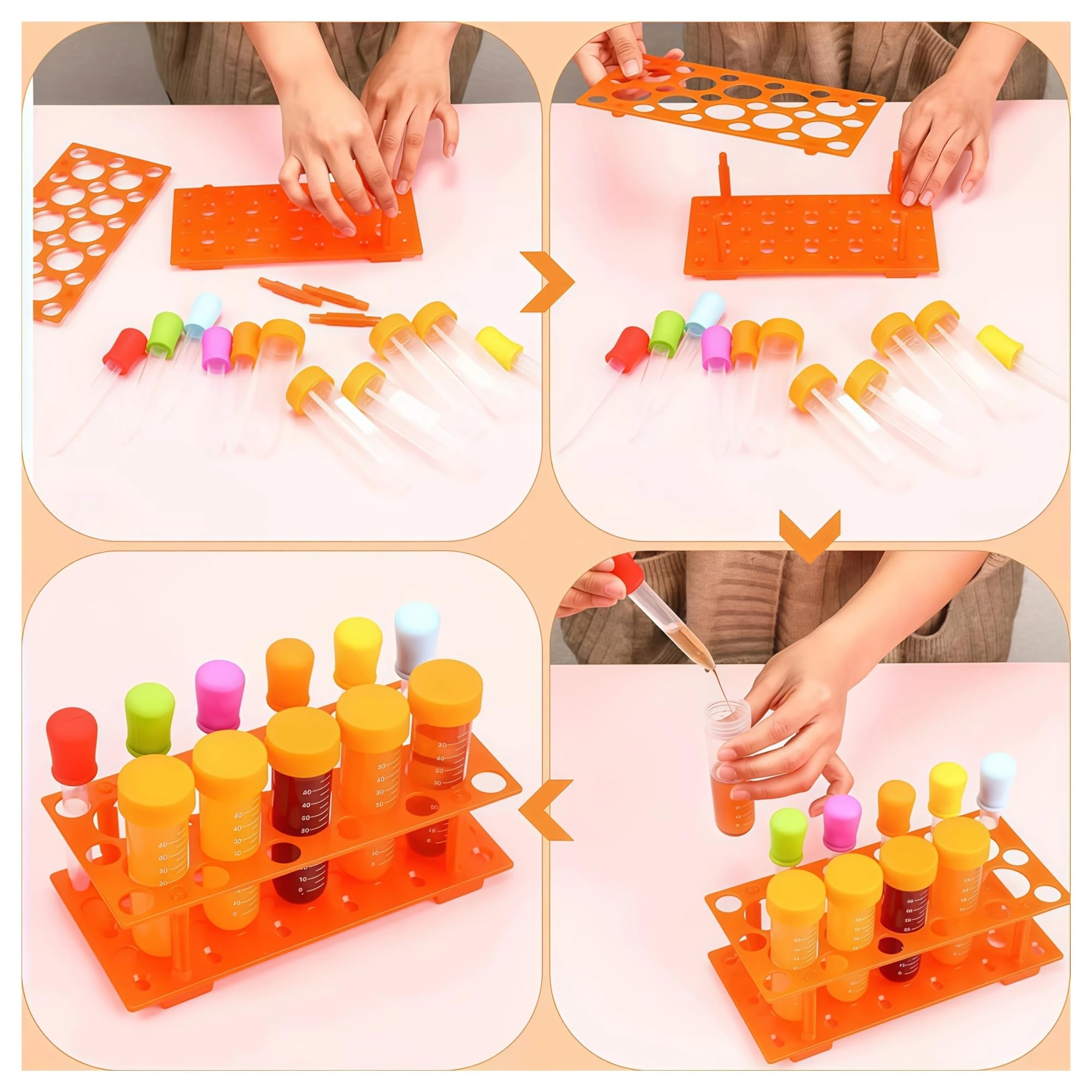 Set di portaprovette di grandi dimensioni, inclusi grandi provette, contagocce in silicone, ripiani di stoccaggio, pinzette in plastica, comodi contenitori in plastica.